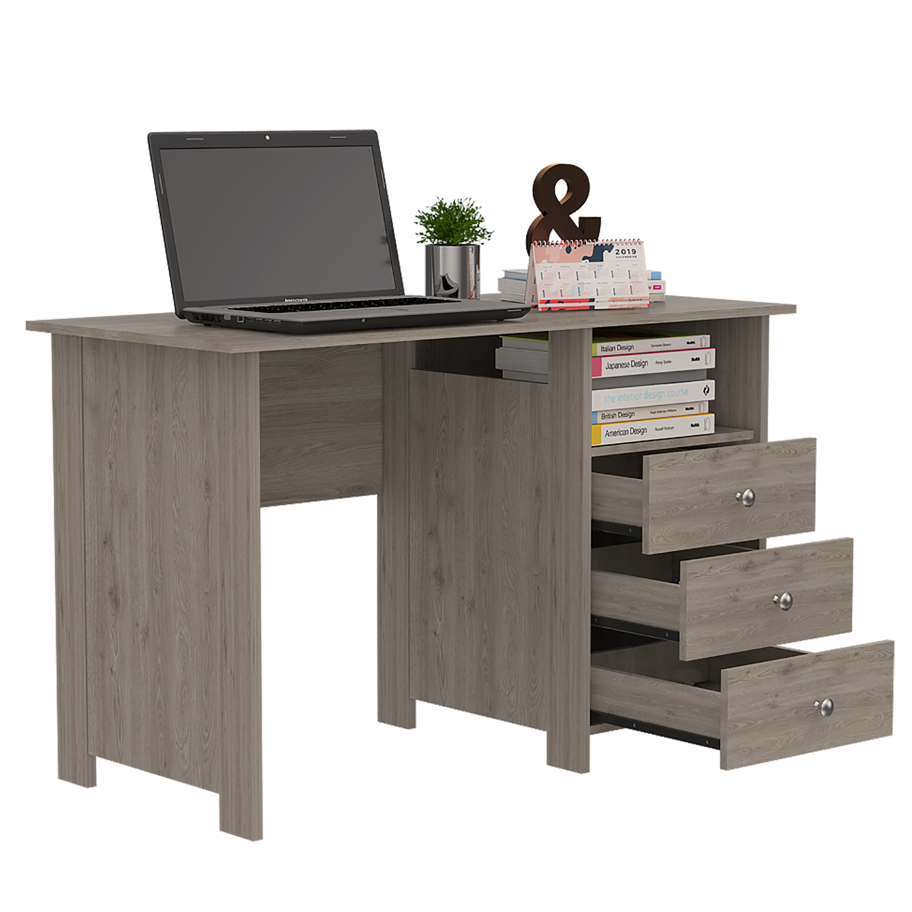 DEPOT E-SHOP Antara Computer Desk with Open Storage Shelf and 3-Drawers, Light Gray