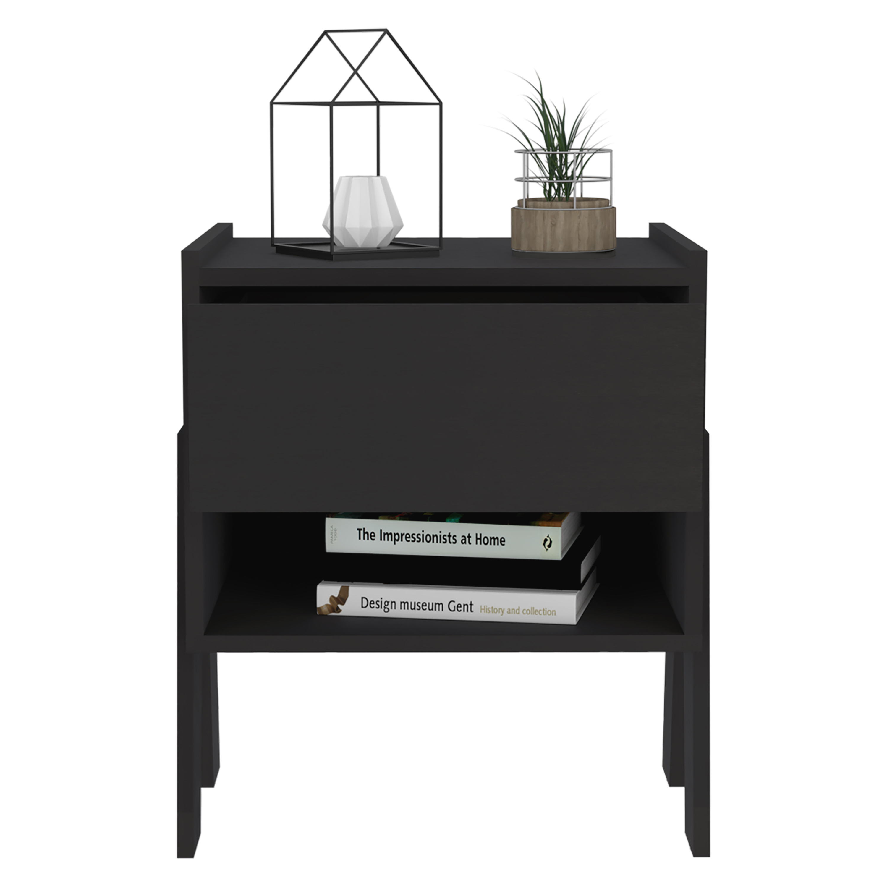 Nightstand 22"H, One Drawer, One Open Shelf, Black