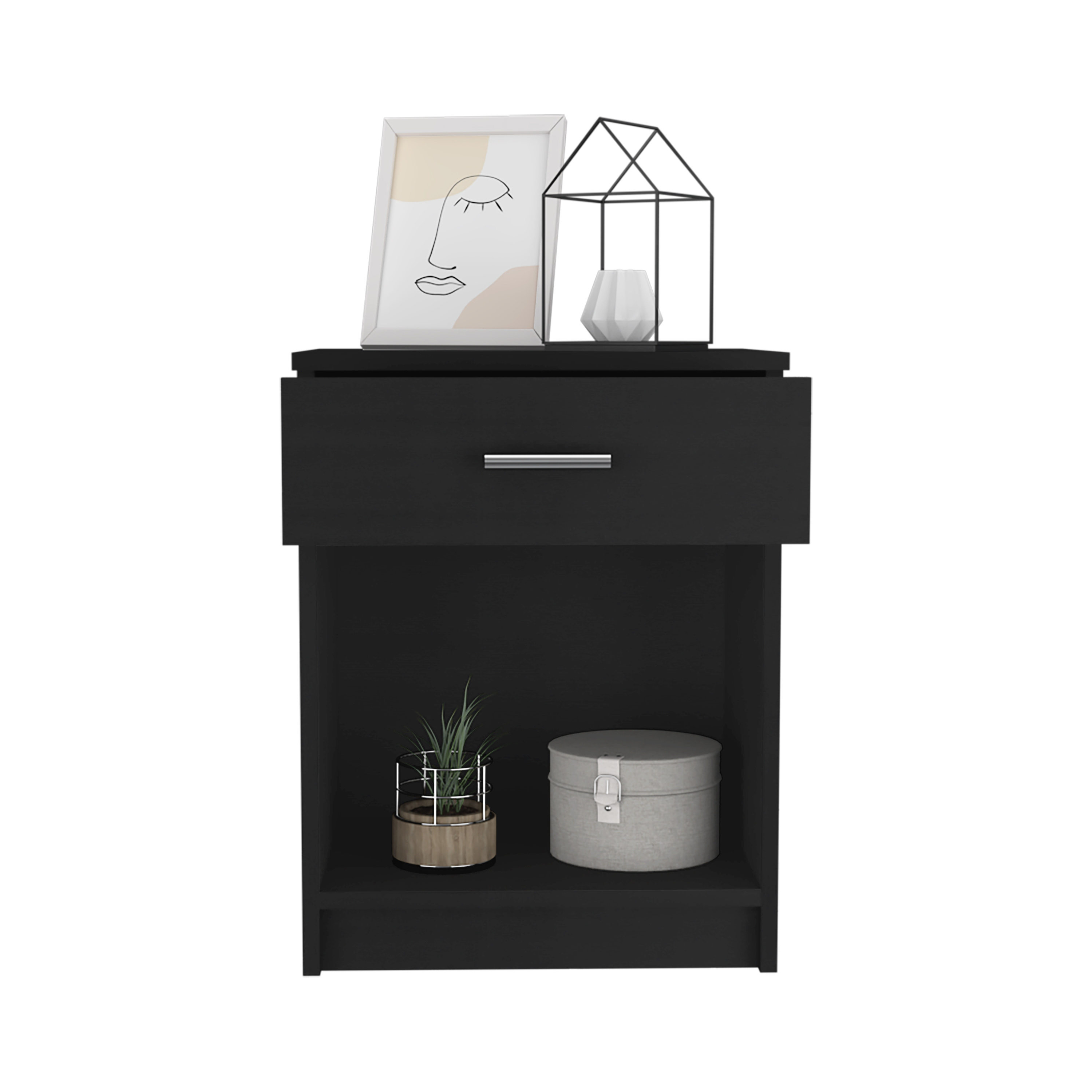 Nightstand 21"H, One Drawer, Low Shelf, Superior Top, Black