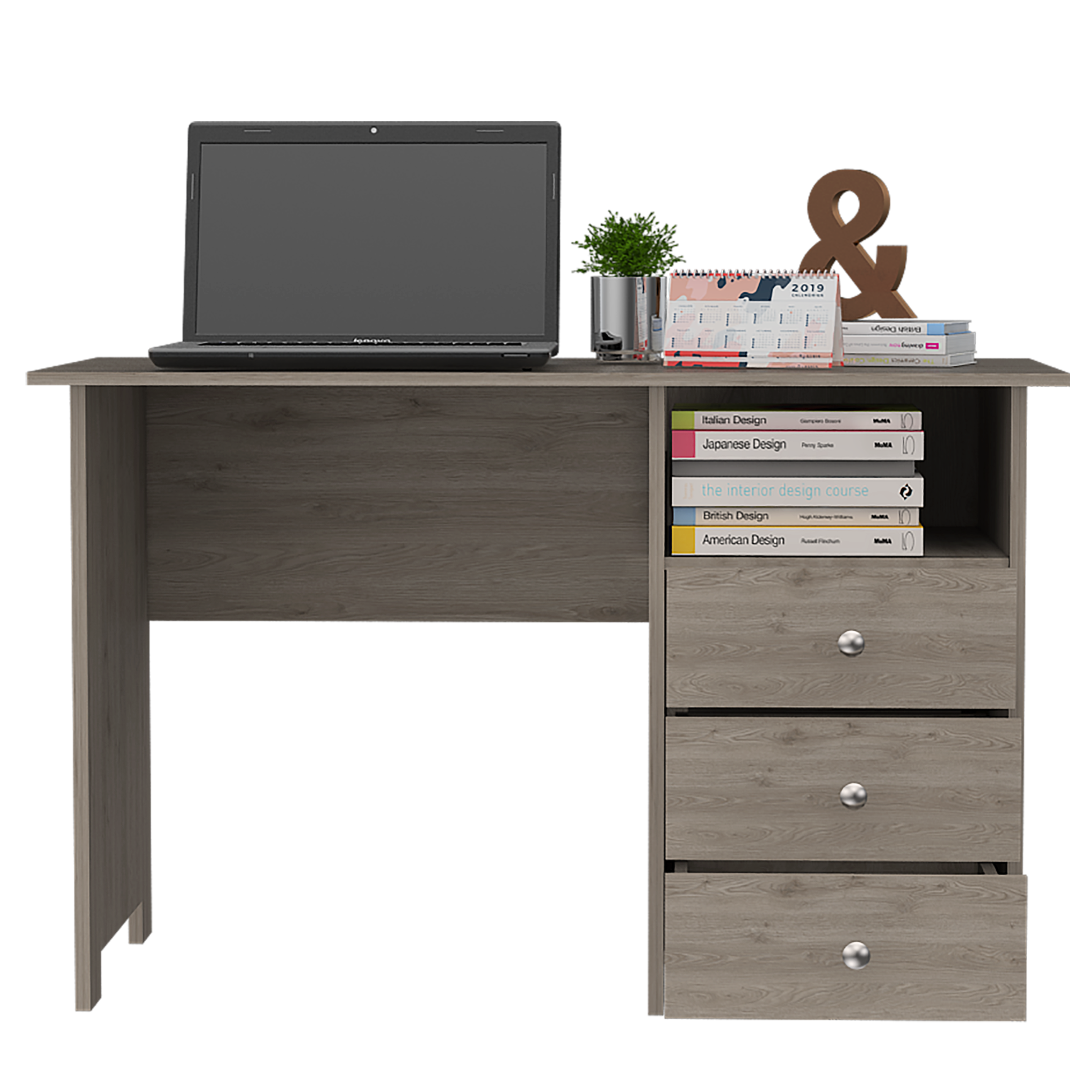 DEPOT E-SHOP Antara Computer Desk with Open Storage Shelf and 3-Drawers, Light Gray