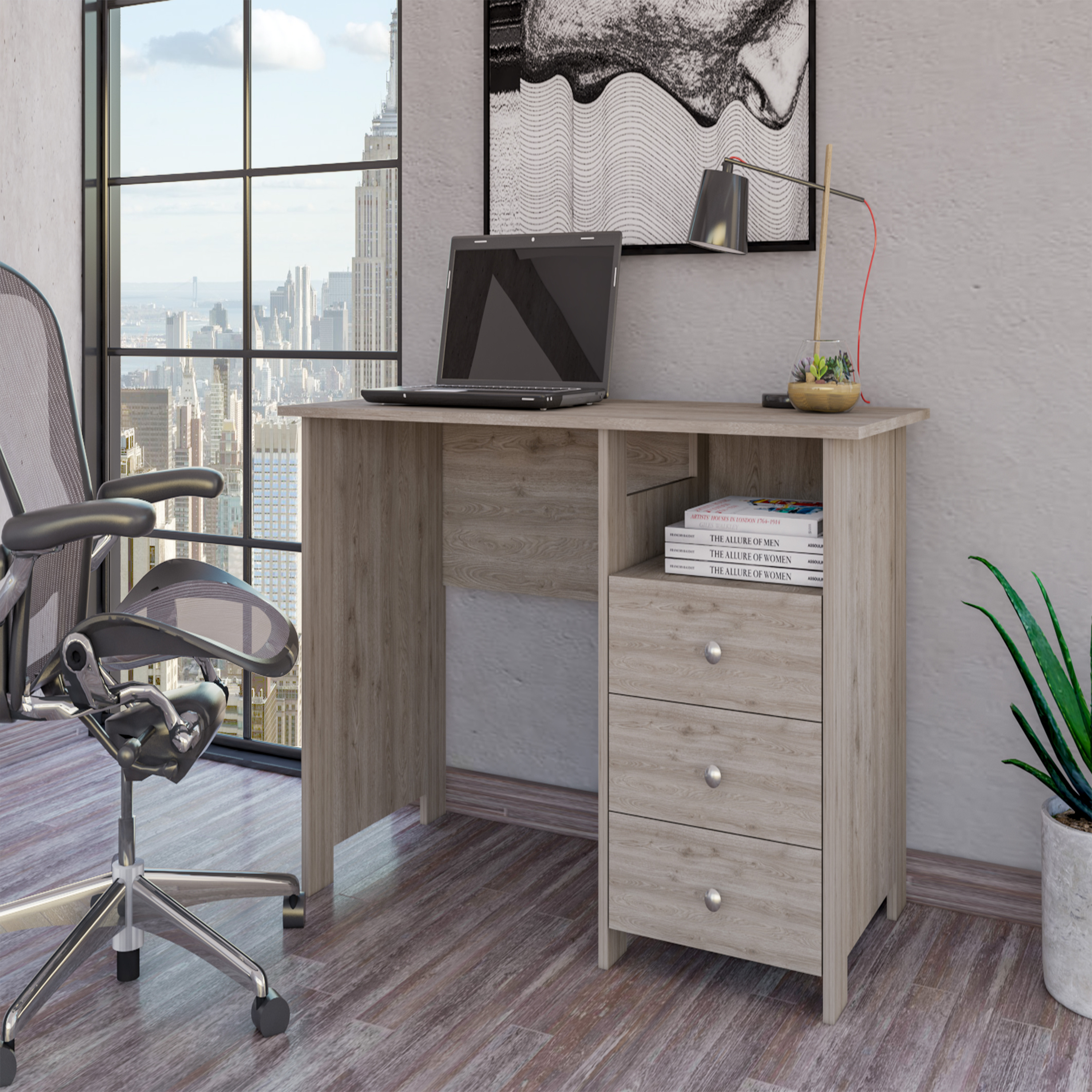 DEPOT E-SHOP Antara Computer Desk with Open Storage Shelf and 3-Drawers, Light Gray