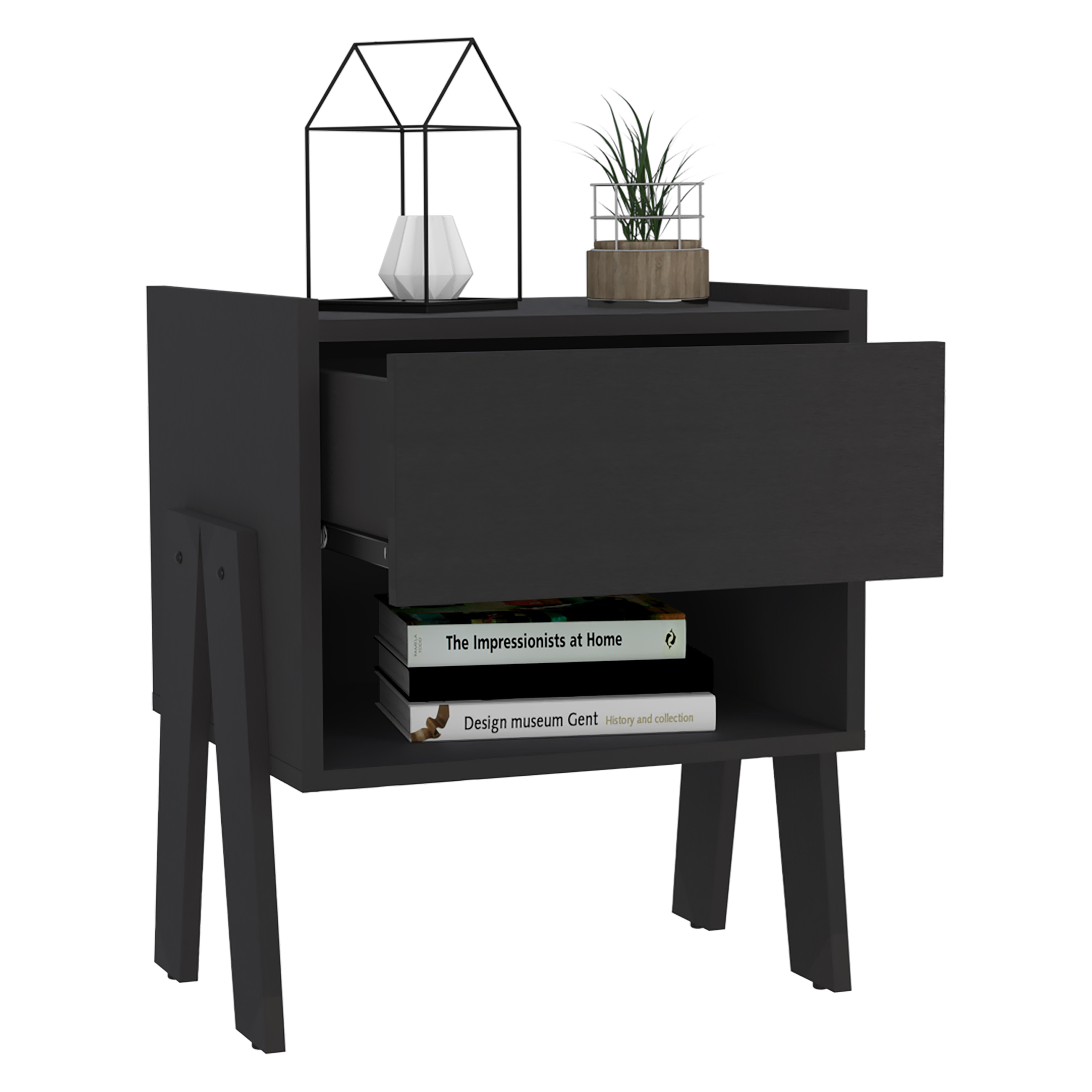 Nightstand 22"H, One Drawer, One Open Shelf, Black