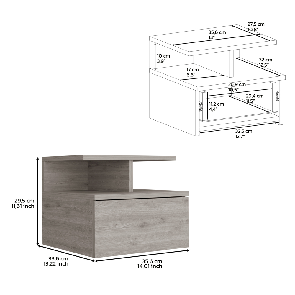 DEPOT E-SHOP Seward Floating Nightstand, Wall Mounted with Single Drawer and 2-Tier Shelf, Light Gray