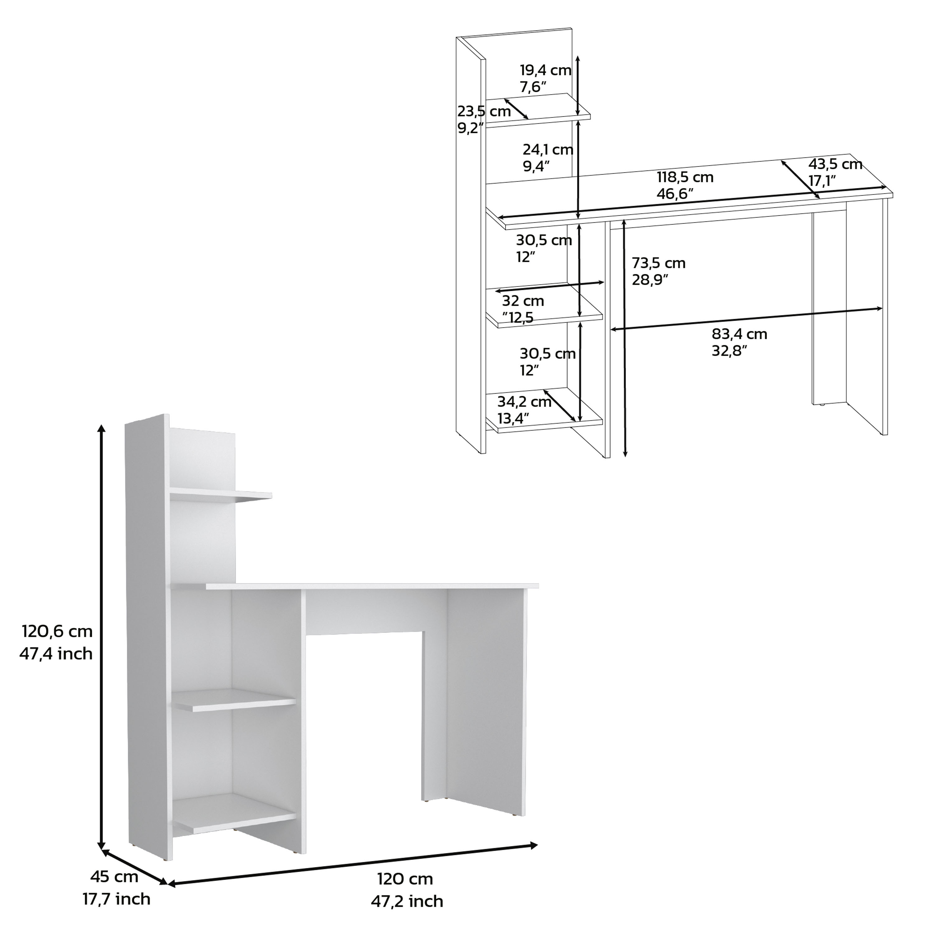 Writing Desk, Four Shelves, White