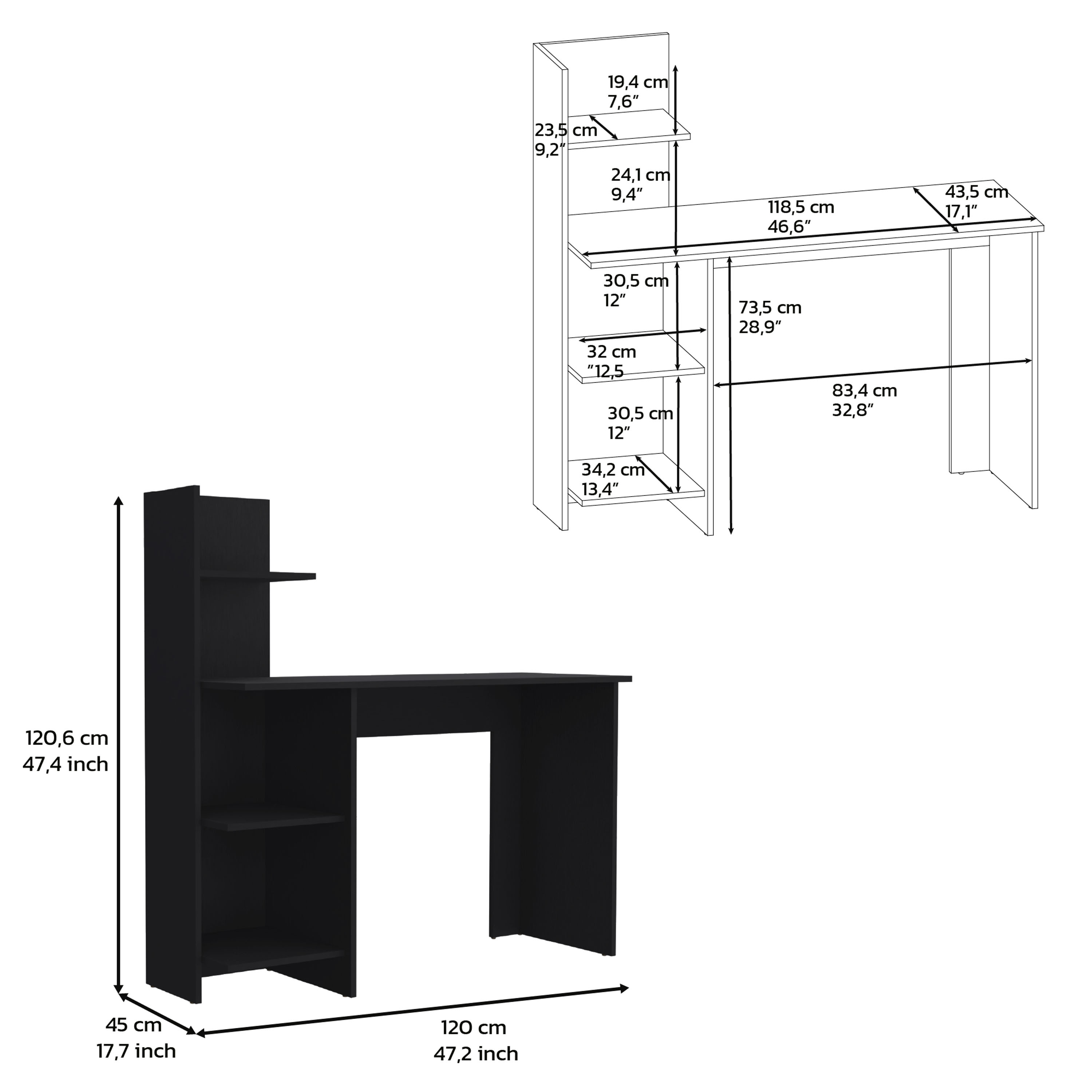 DEPOT E-SHOP Toronto 120 Writing Desk, Four Shelves, Black