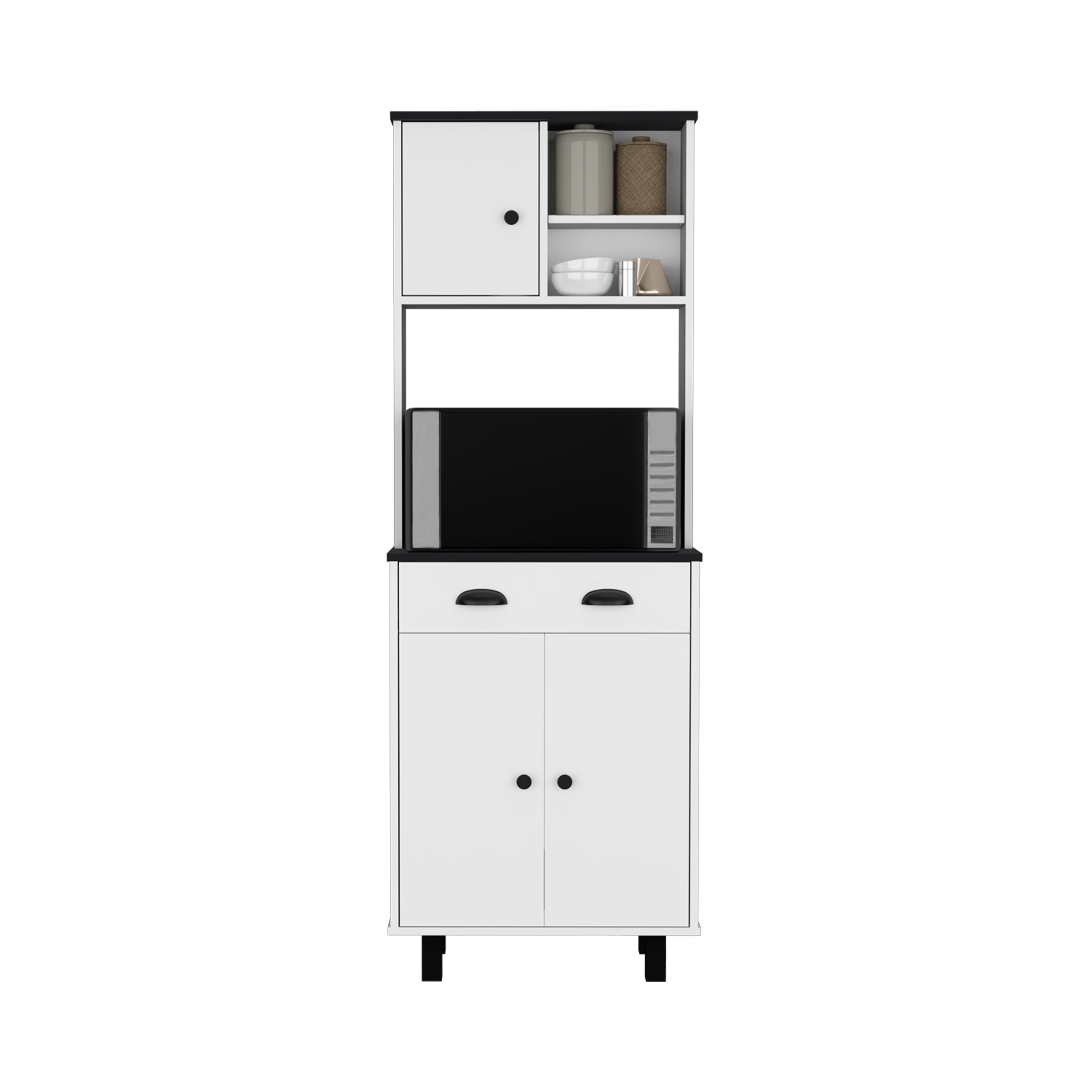 DEPOT E-SHOP Waco 67" H Kitchen Pantry with Two Cabinets, Two Open Shelves, and One Drawer,White/Black