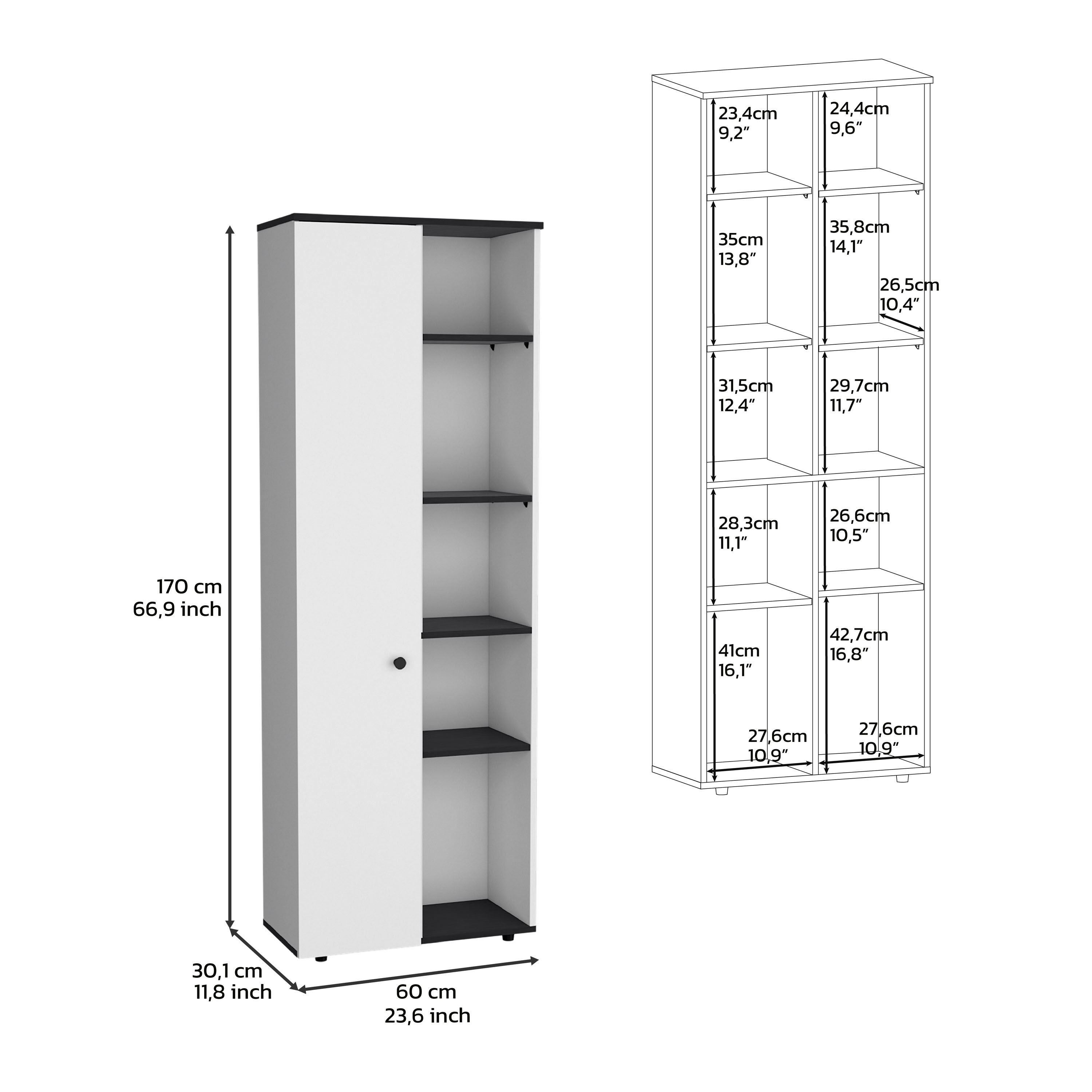 DEPOT E-SHOP Cary 67" H Kitchen Storage Cabinet With One Door, Five Interior Shelves and Five Exterior Shelves,White/Black