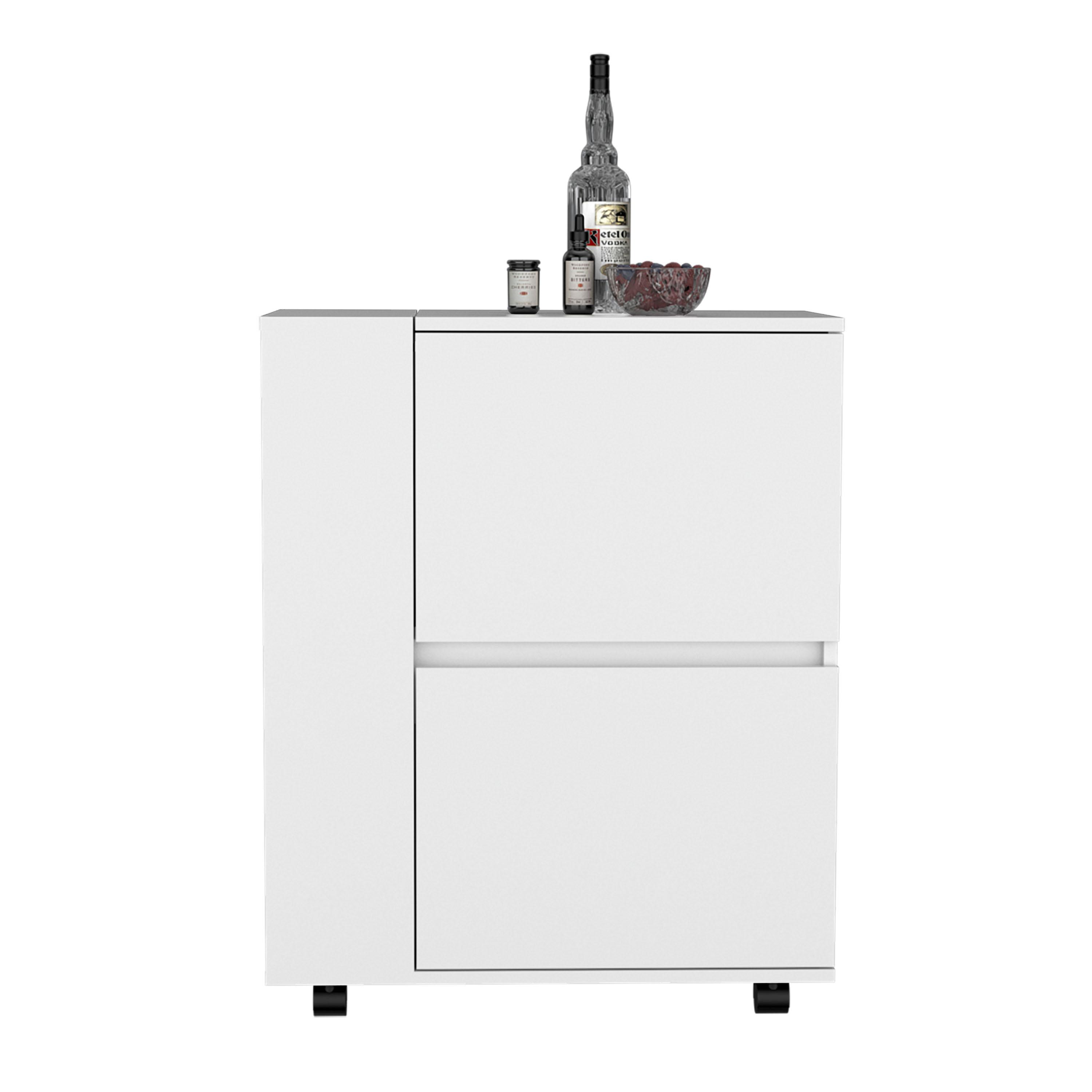 Bar Cart Two Pull-Down Door Cabinets and Two Open Shelves,White