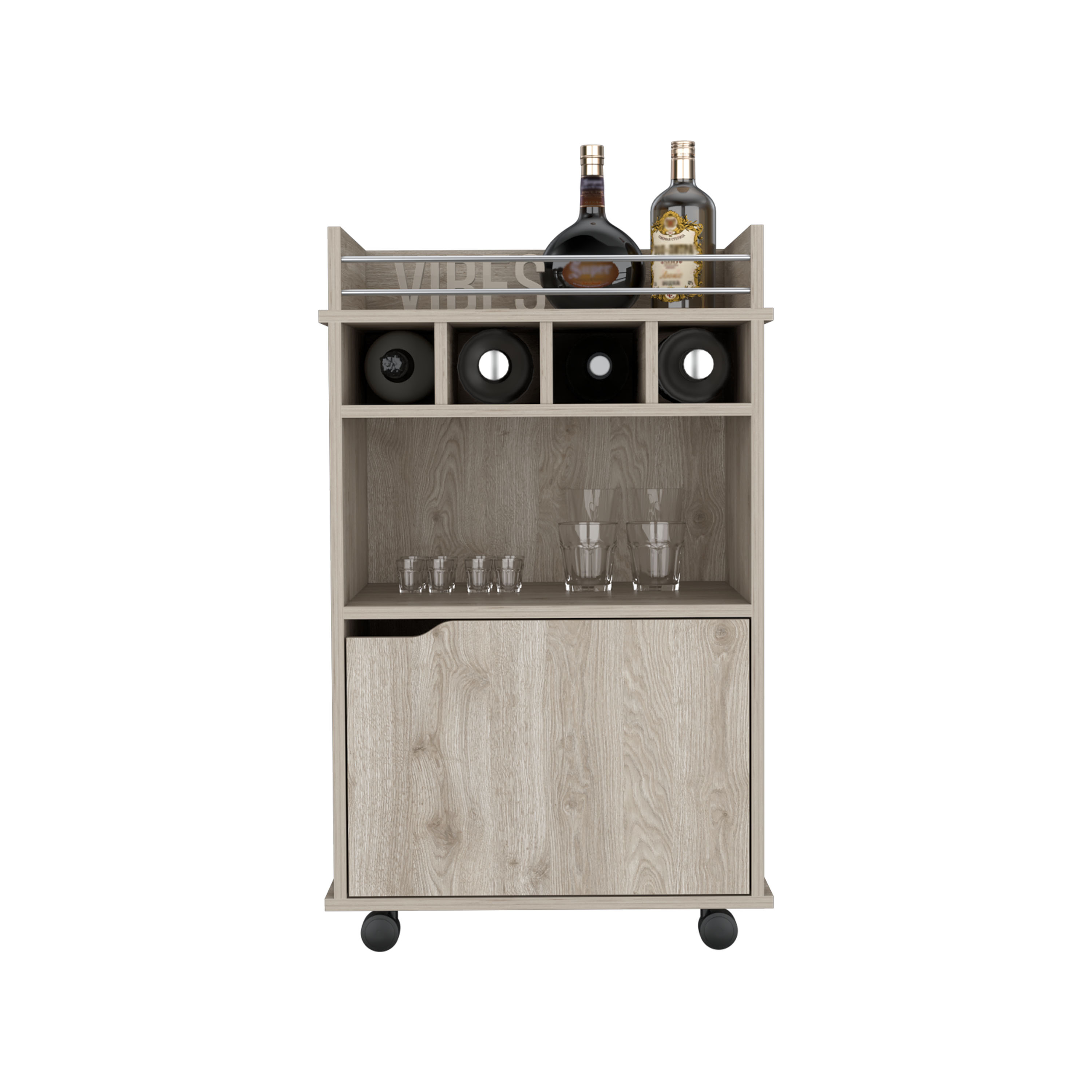 DEPOT E-SHOP Sims 35" H Bar Cart with Two Shelves four Wine Cubbies and One Cabinet,Light Pine