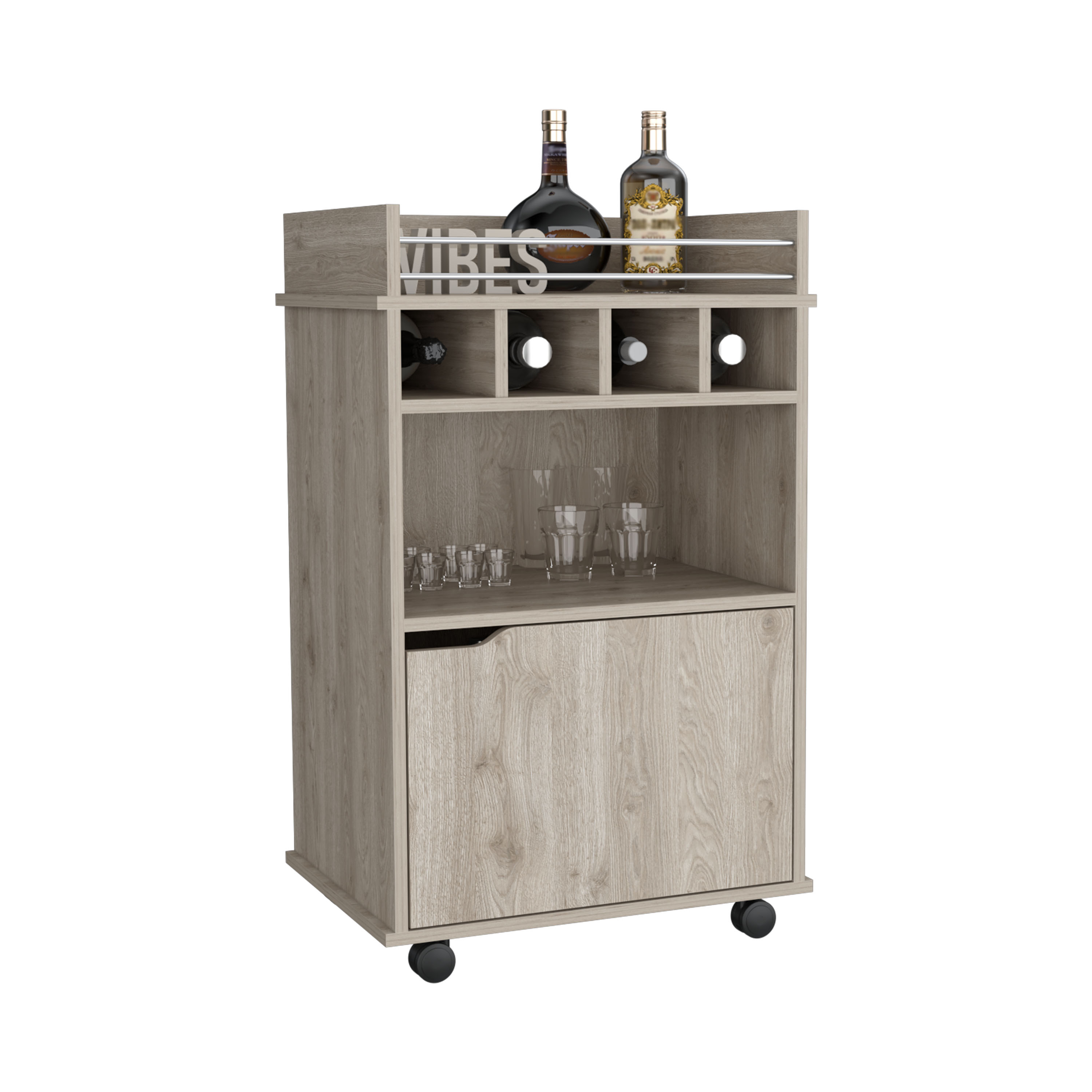 DEPOT E-SHOP Sims 35" H Bar Cart with Two Shelves four Wine Cubbies and One Cabinet,Light Pine