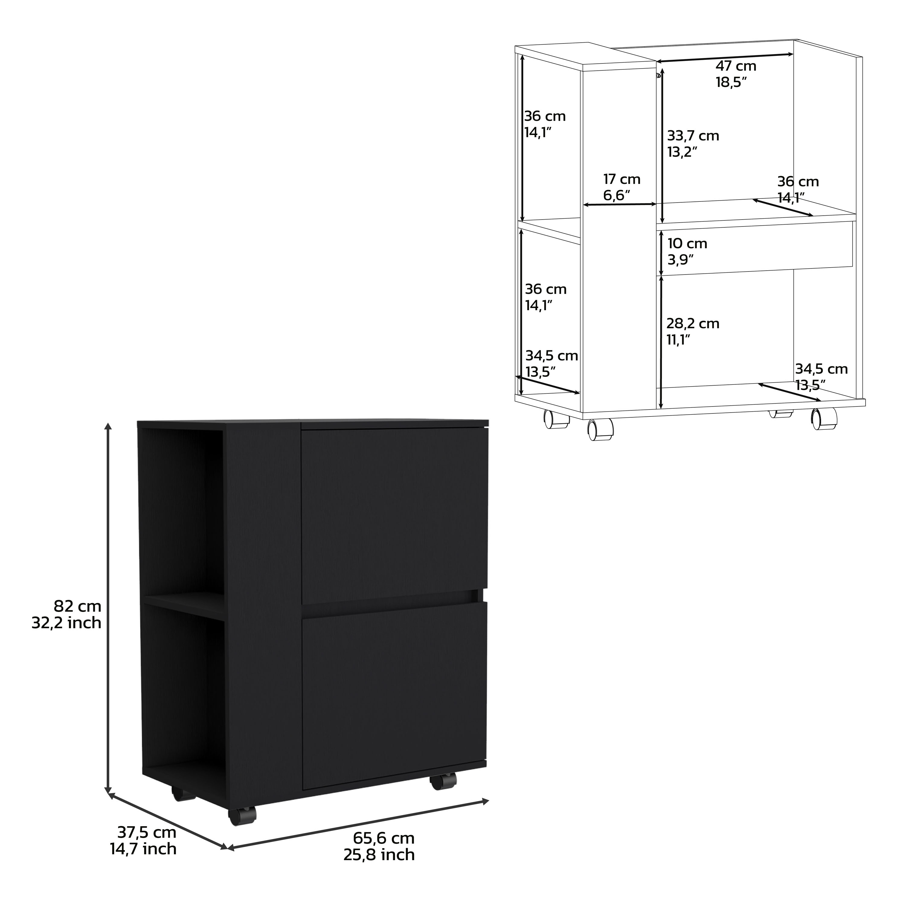 Bar Cart Two Pull-Down Door Cabinets and Two Open Shelves,Black