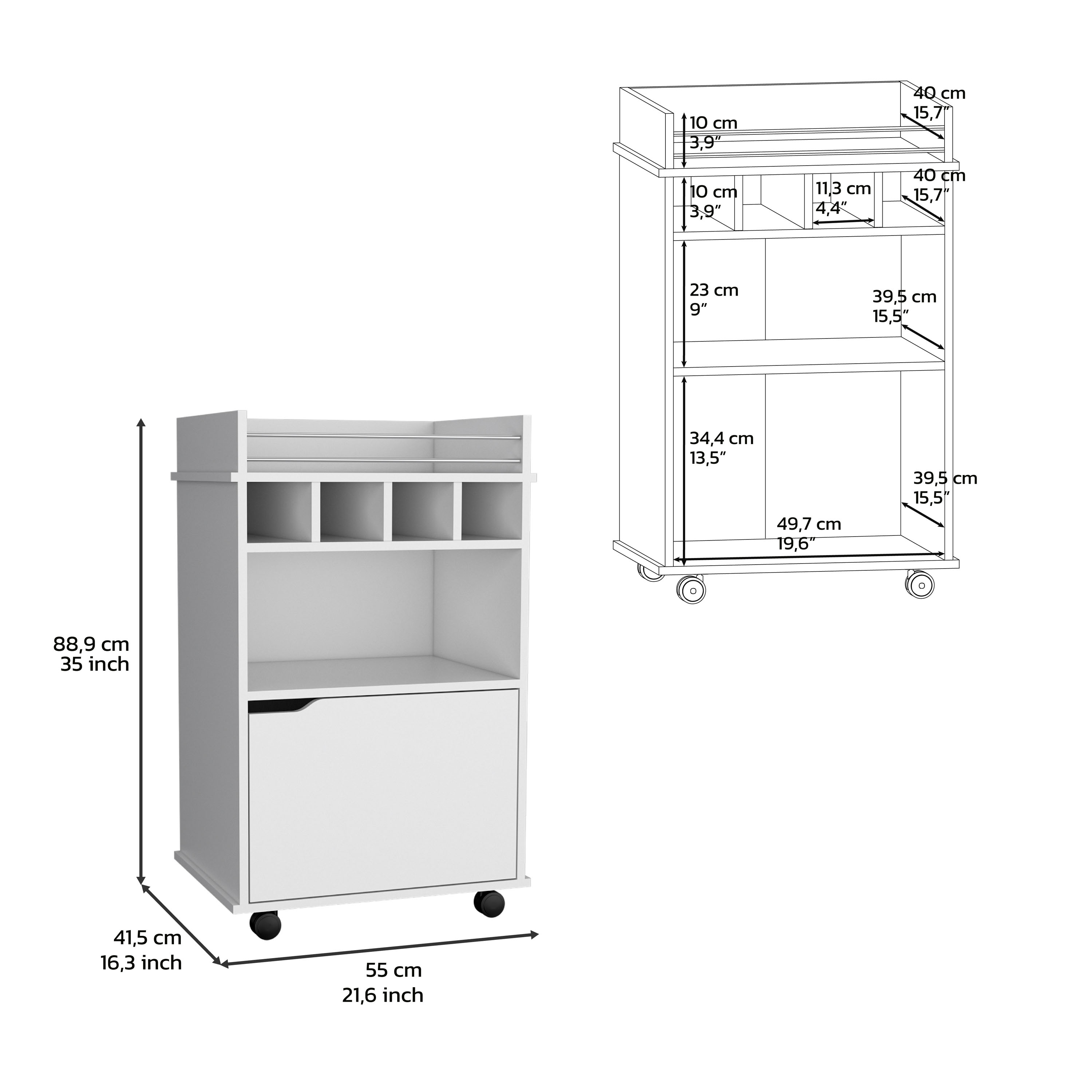 DEPOT E-SHOP Sims 35" H Bar Cart with Two Shelves four Wine Cubbies and One Cabinet,White