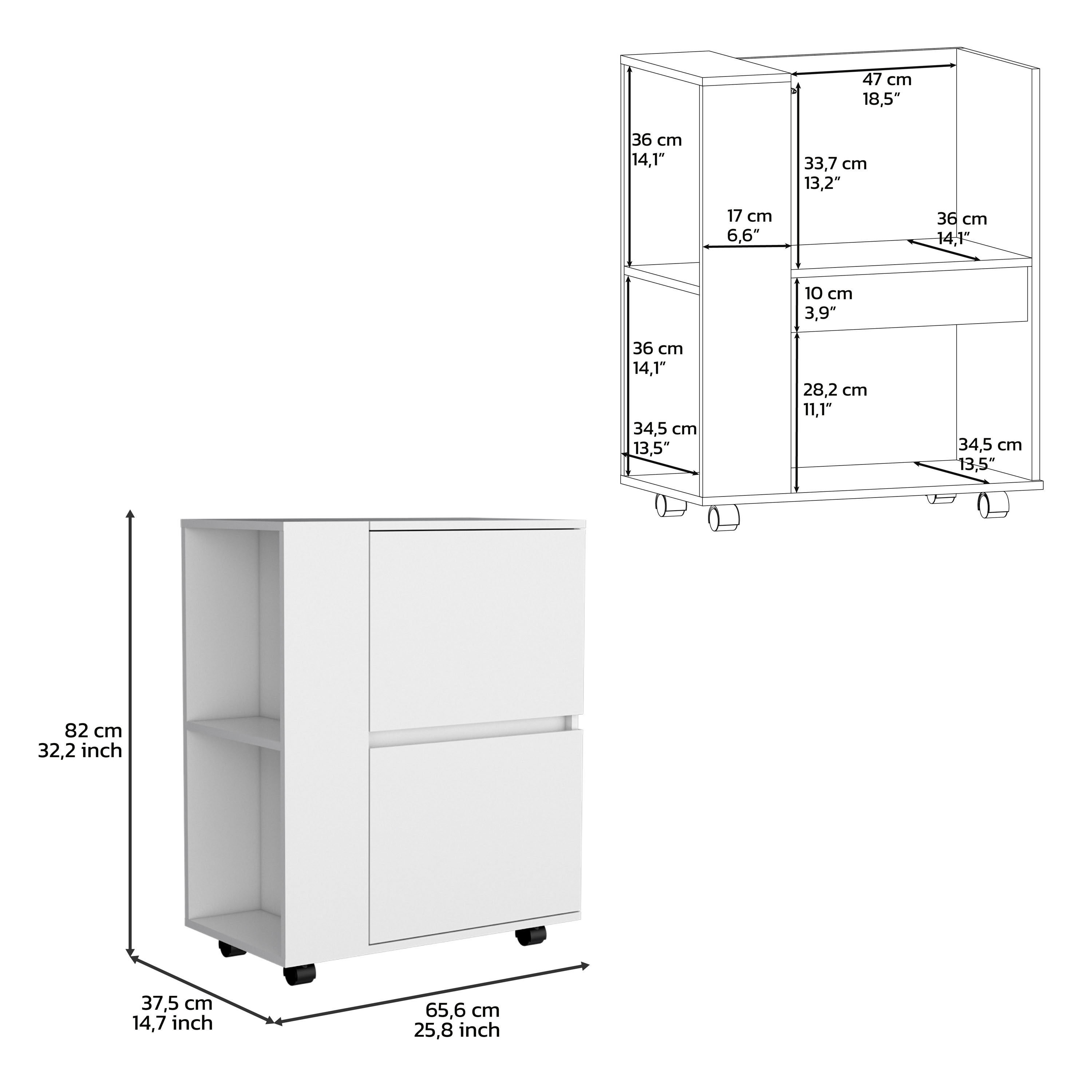 Bar Cart Two Pull-Down Door Cabinets and Two Open Shelves,White