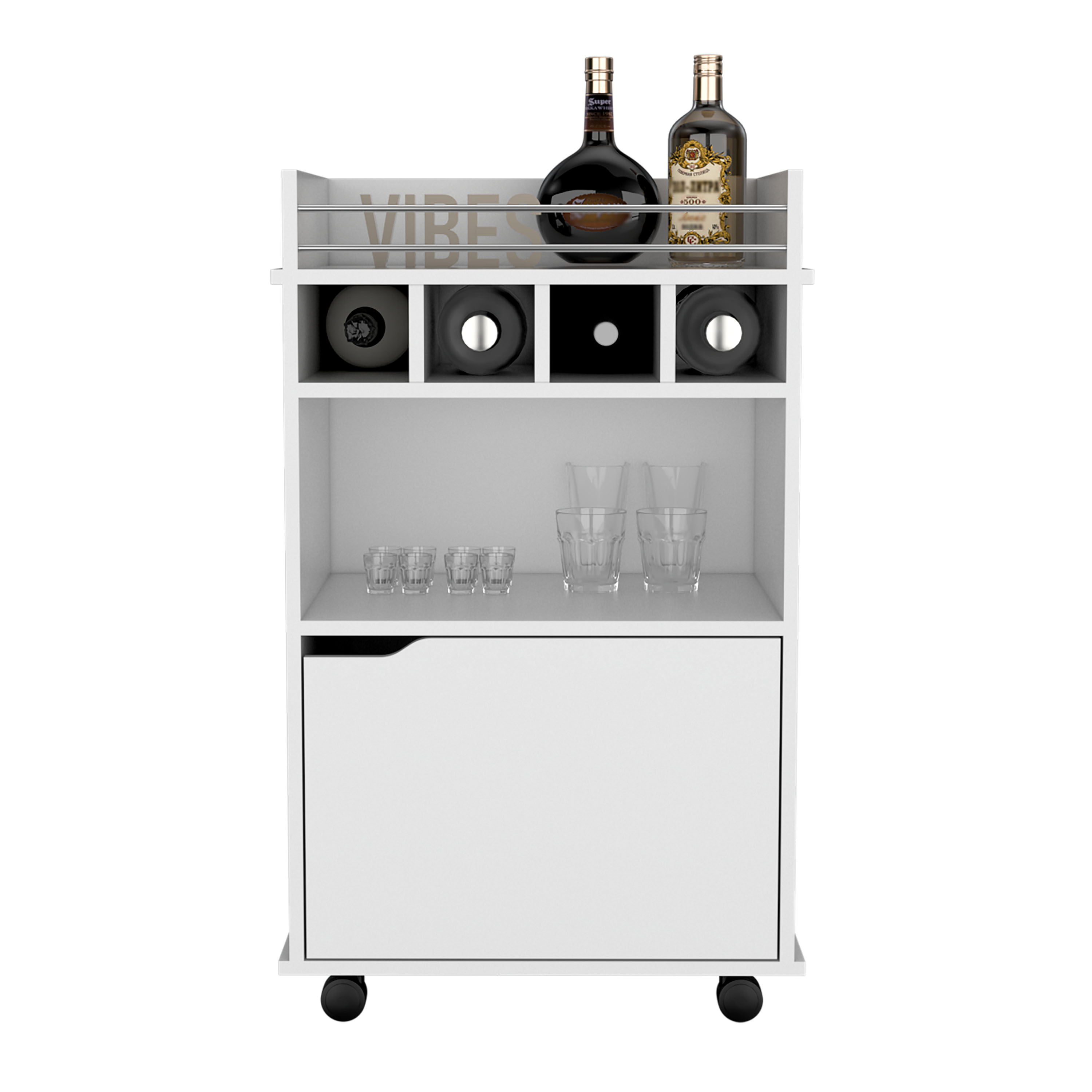 DEPOT E-SHOP Sims 35" H Bar Cart with Two Shelves four Wine Cubbies and One Cabinet,White