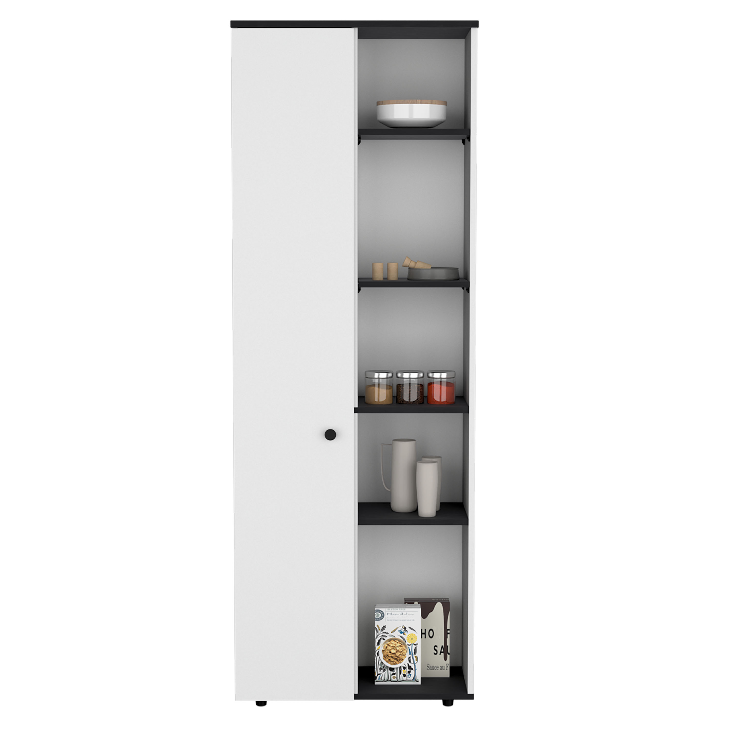 DEPOT E-SHOP Cary 67" H Kitchen Storage Cabinet With One Door, Five Interior Shelves and Five Exterior Shelves,White/Black