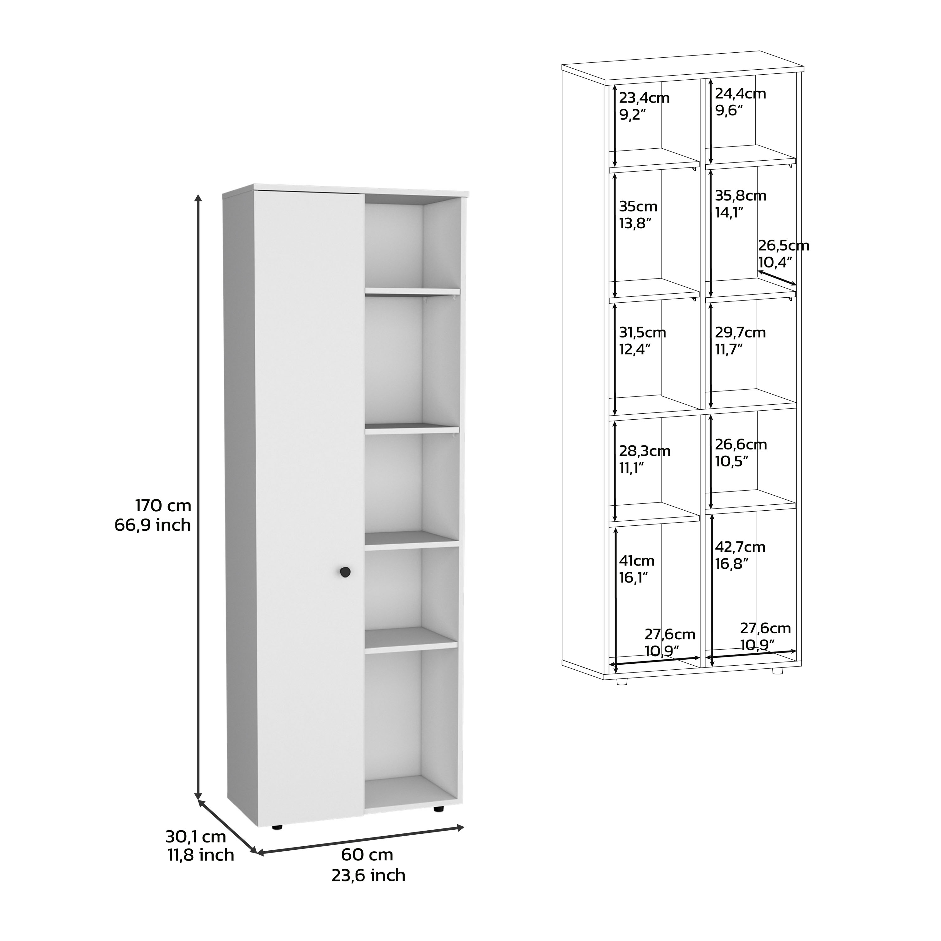 DEPOT E-SHOP Cary 67" H Kitchen Storage Cabinet With One Door, Five Interior Shelves and Five Exterior Shelves,White