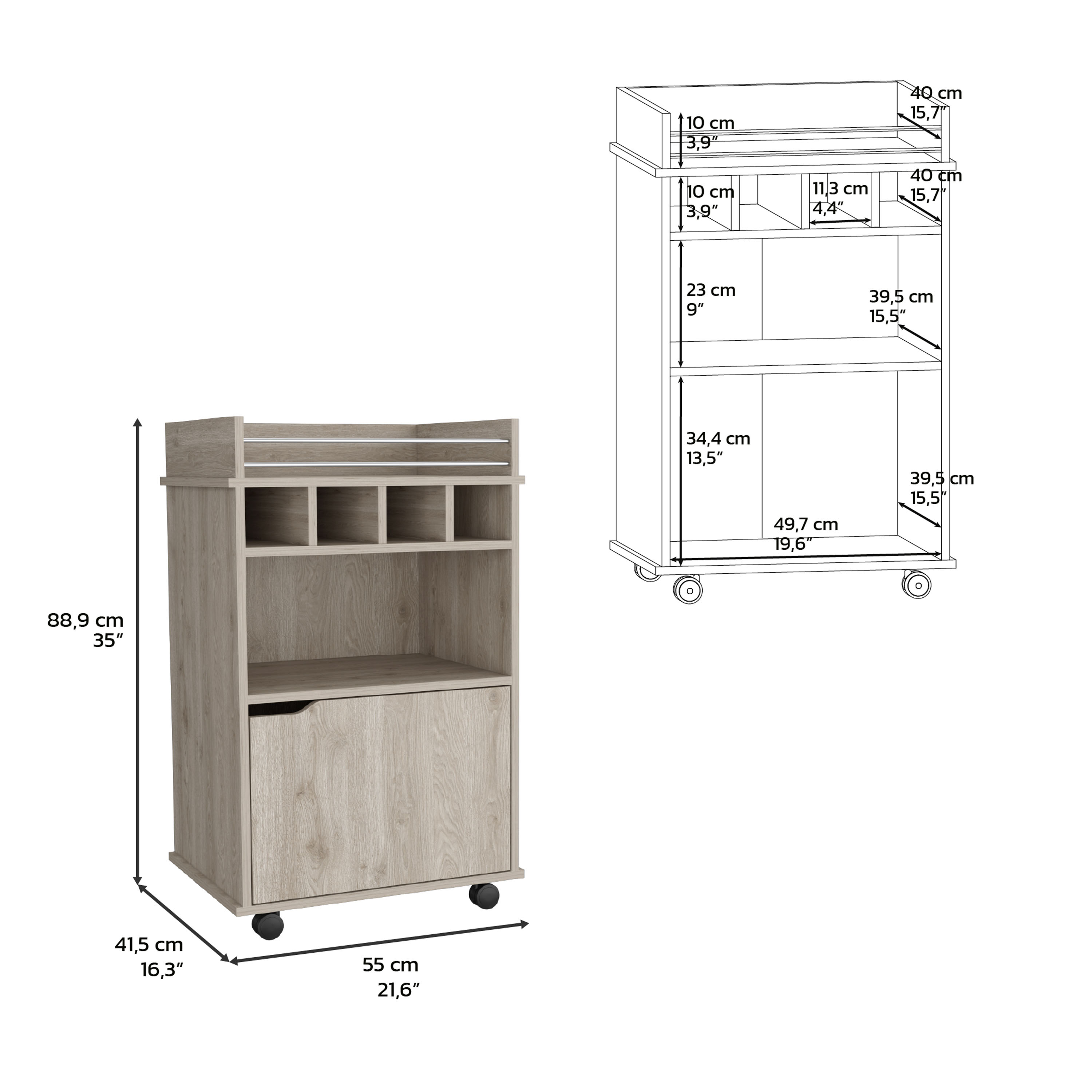 DEPOT E-SHOP Sims 35" H Bar Cart with Two Shelves four Wine Cubbies and One Cabinet,Light Pine