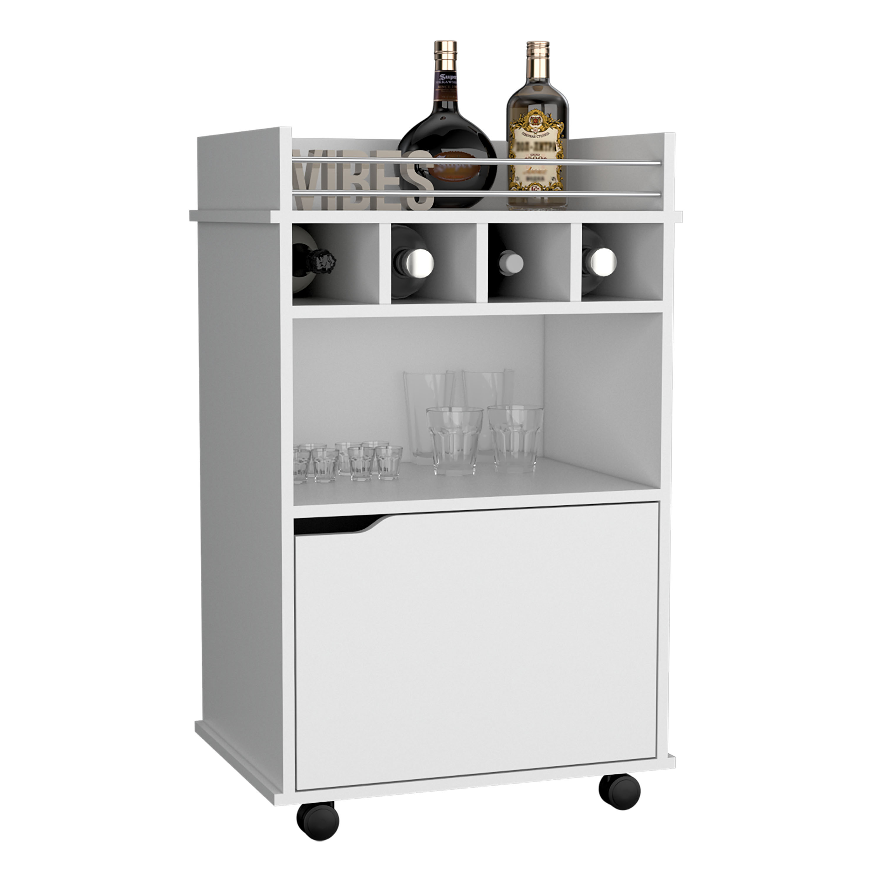 DEPOT E-SHOP Sims 35" H Bar Cart with Two Shelves four Wine Cubbies and One Cabinet,White