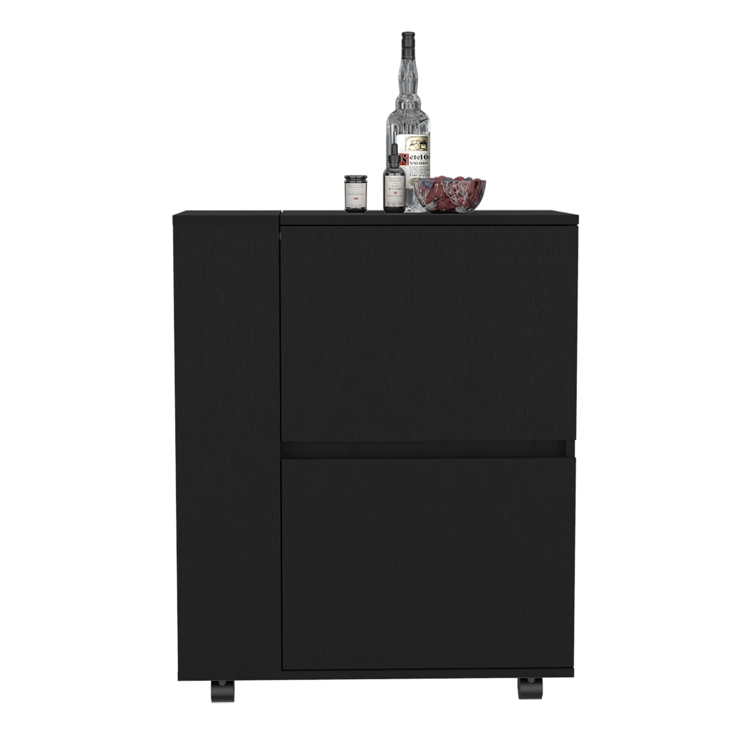 Bar Cart Two Pull-Down Door Cabinets and Two Open Shelves,Black