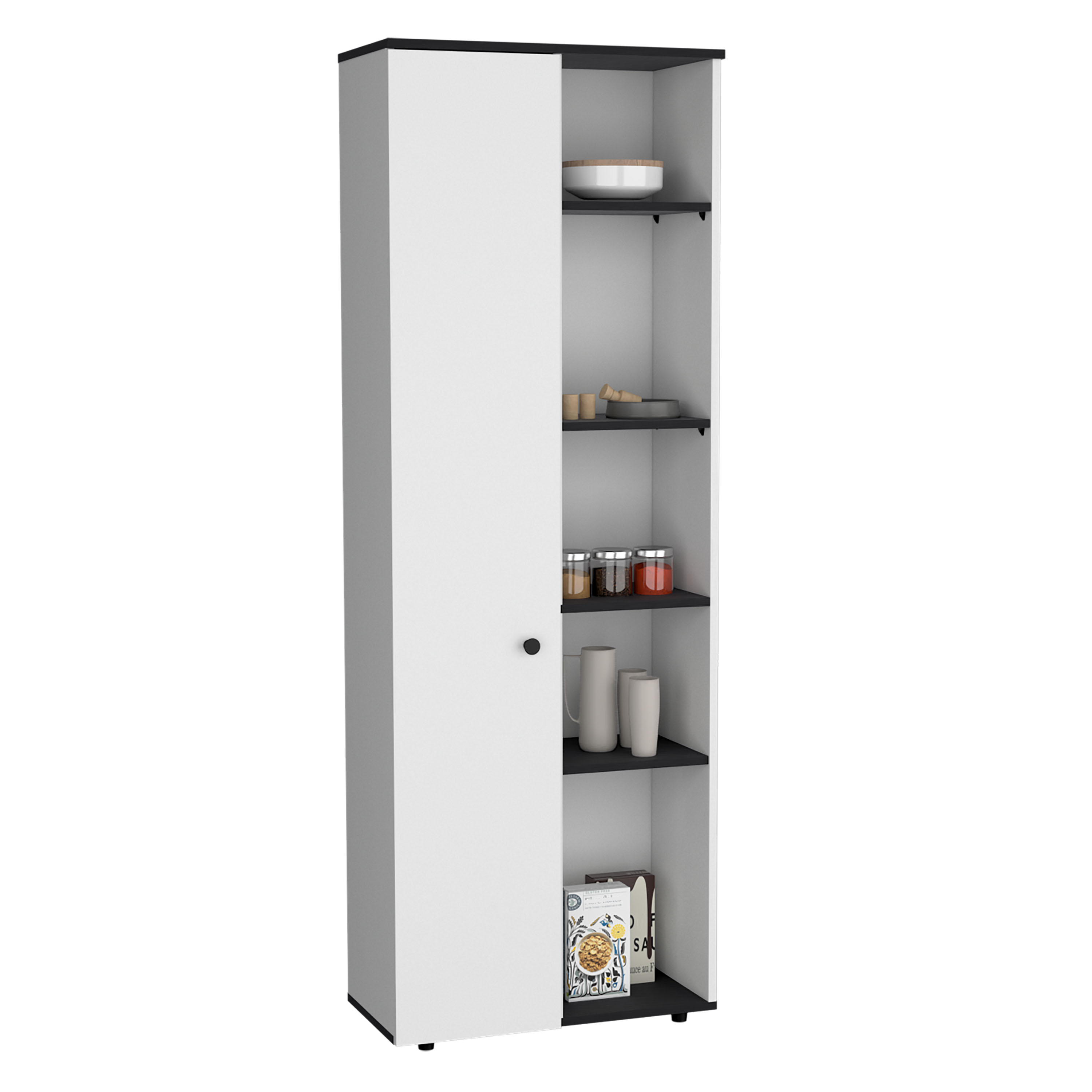 DEPOT E-SHOP Cary 67" H Kitchen Storage Cabinet With One Door, Five Interior Shelves and Five Exterior Shelves,White/Black