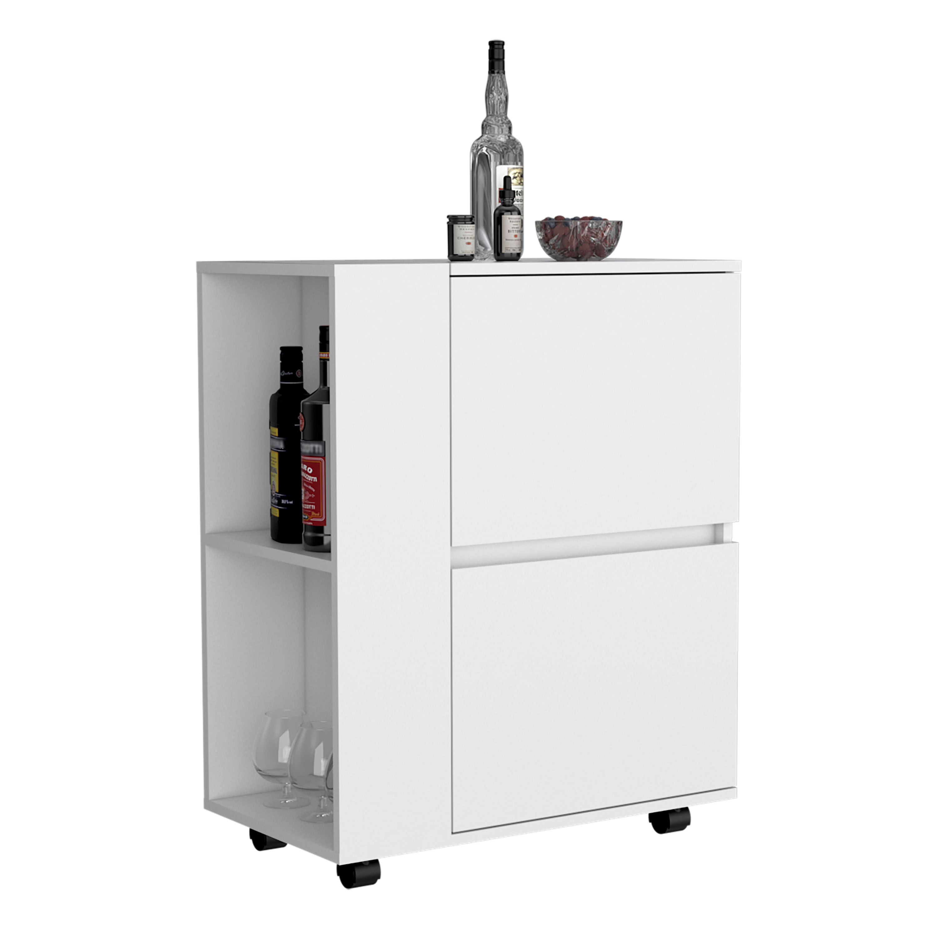 Bar Cart Two Pull-Down Door Cabinets and Two Open Shelves,White