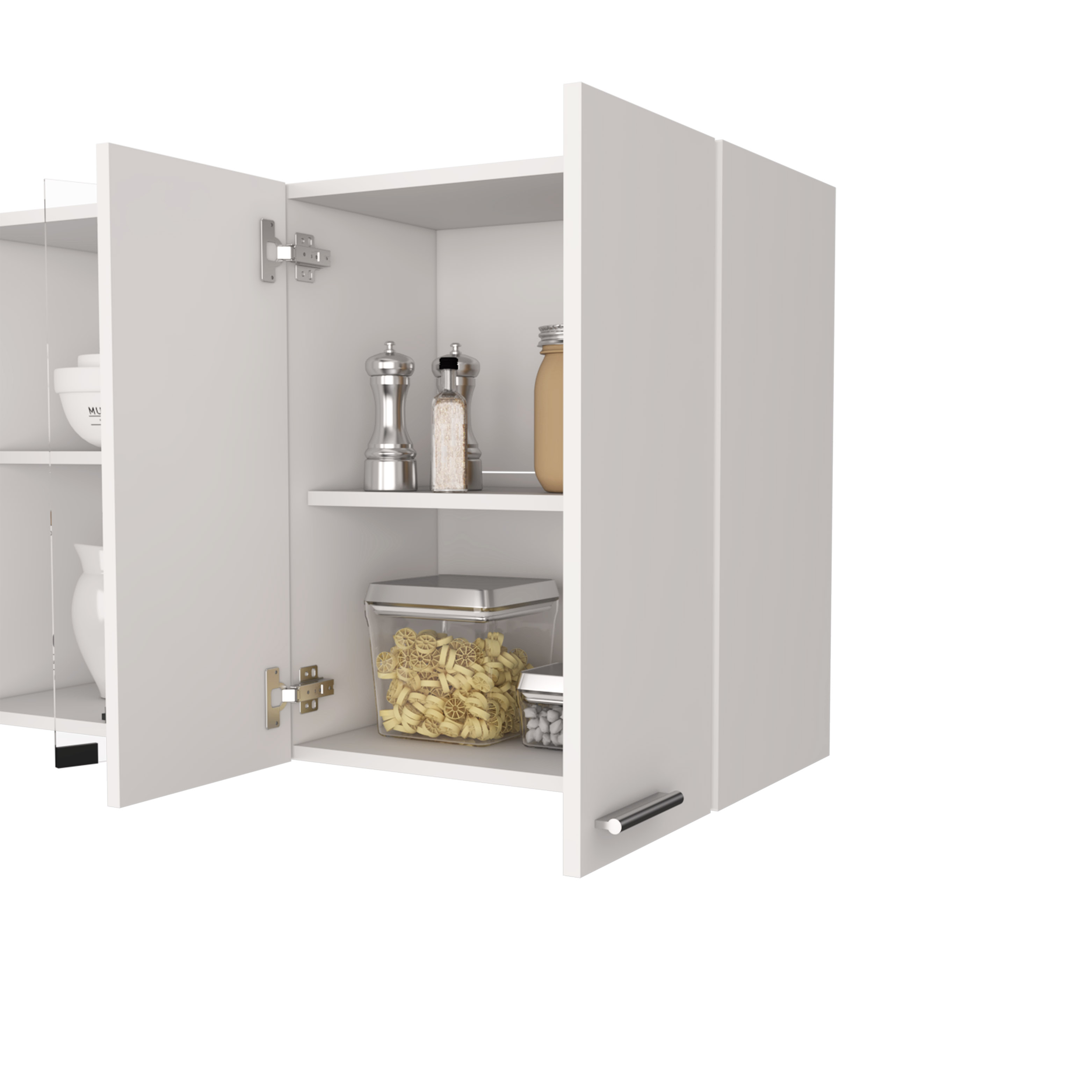 Wall cabinet 24" H, four Doors, with two internal Shelves and internal plate and glass organizer, two Storage Shelves with two glass Doors, White