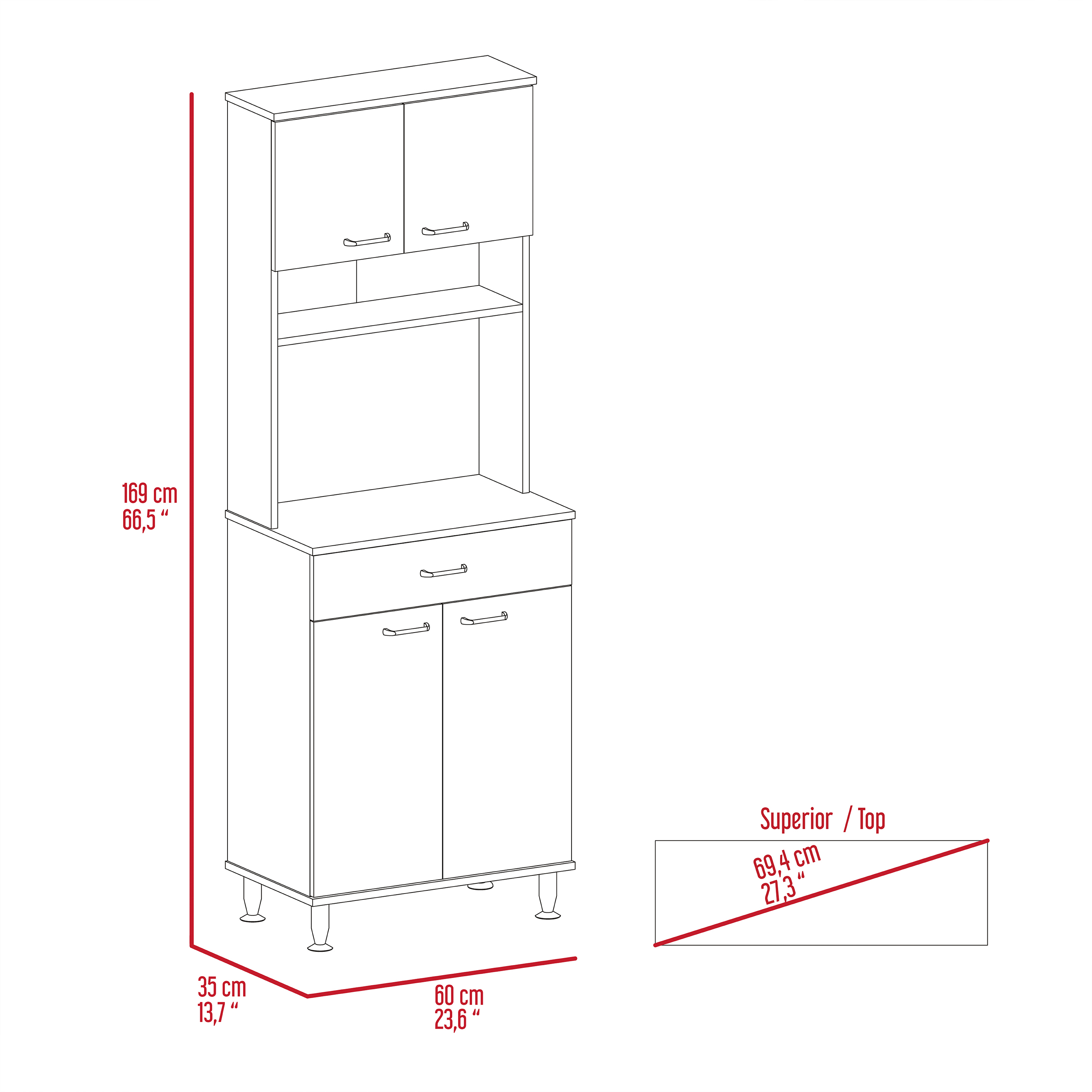 Pantry Cabinet 67" H, Four Doors, One Drawer, Three Internal Shelves, 2 External Storage Shelves, Microwave Storage Option, Four Legs, Light Gray