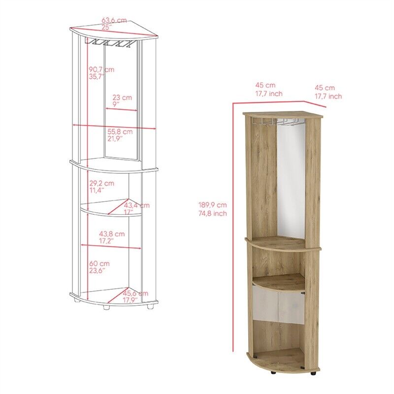 74" H macadamia  bar-coffee corner cabinet storage, with rounded front design, with 2 central shelves, 1 glass holder in the upper compartment and 1 storage with double glass door in the lower part.