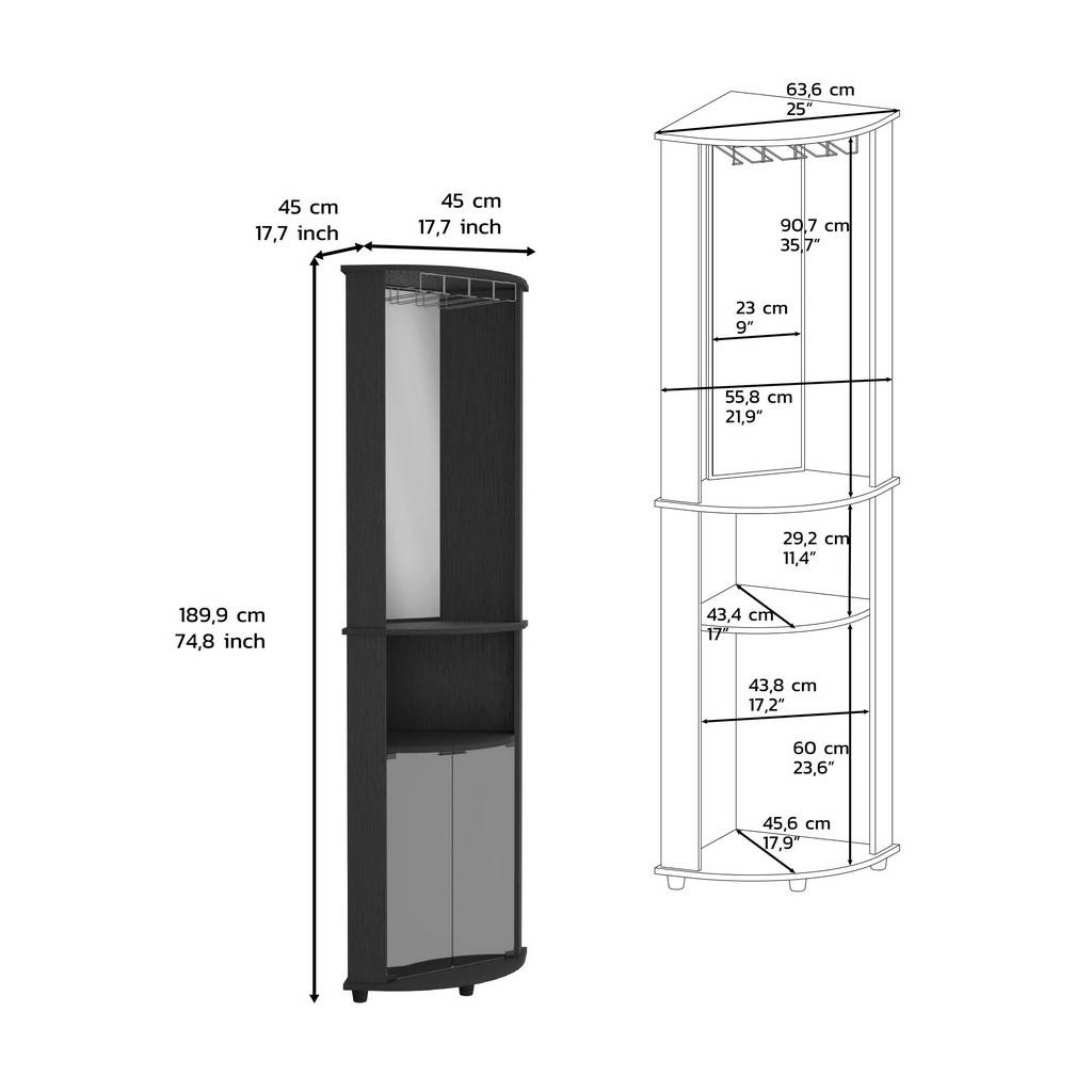 74" H black  bar-coffee corner cabinet storage, with rounded front design, with 2 central shelves, 1 glass holder in the upper compartment and 1 storage with double glass door in the lower part.