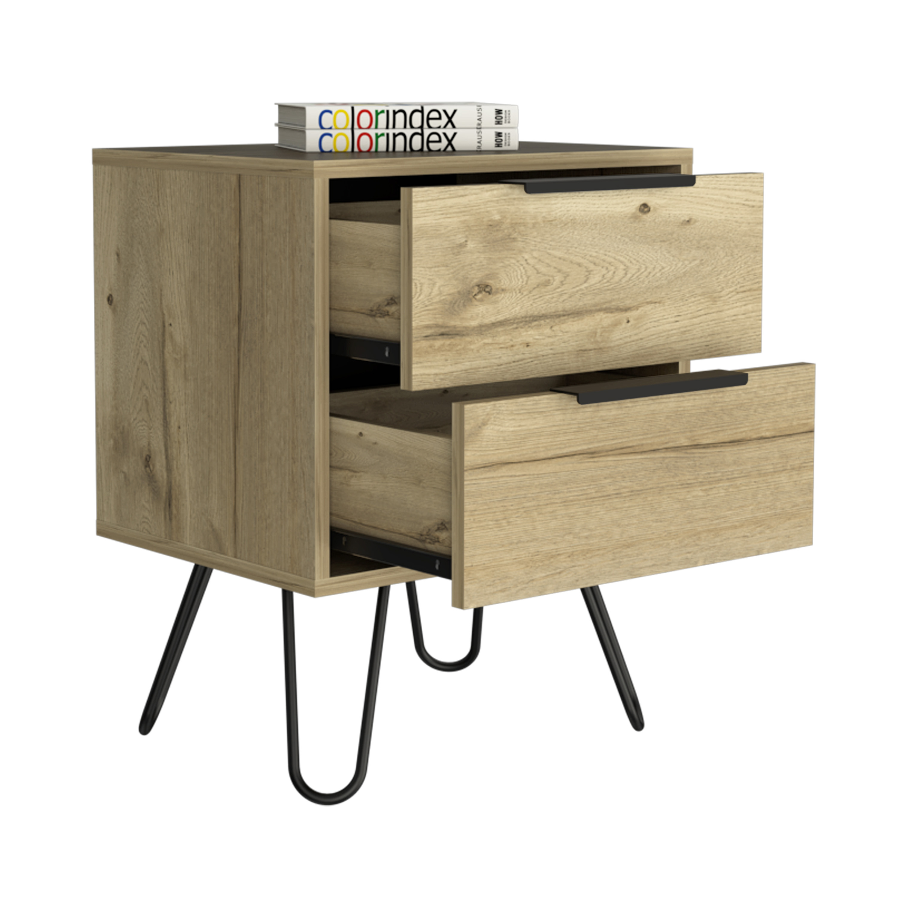 Nightstand 22" H, Four hairpin legs, Two Drawers, Light Oak