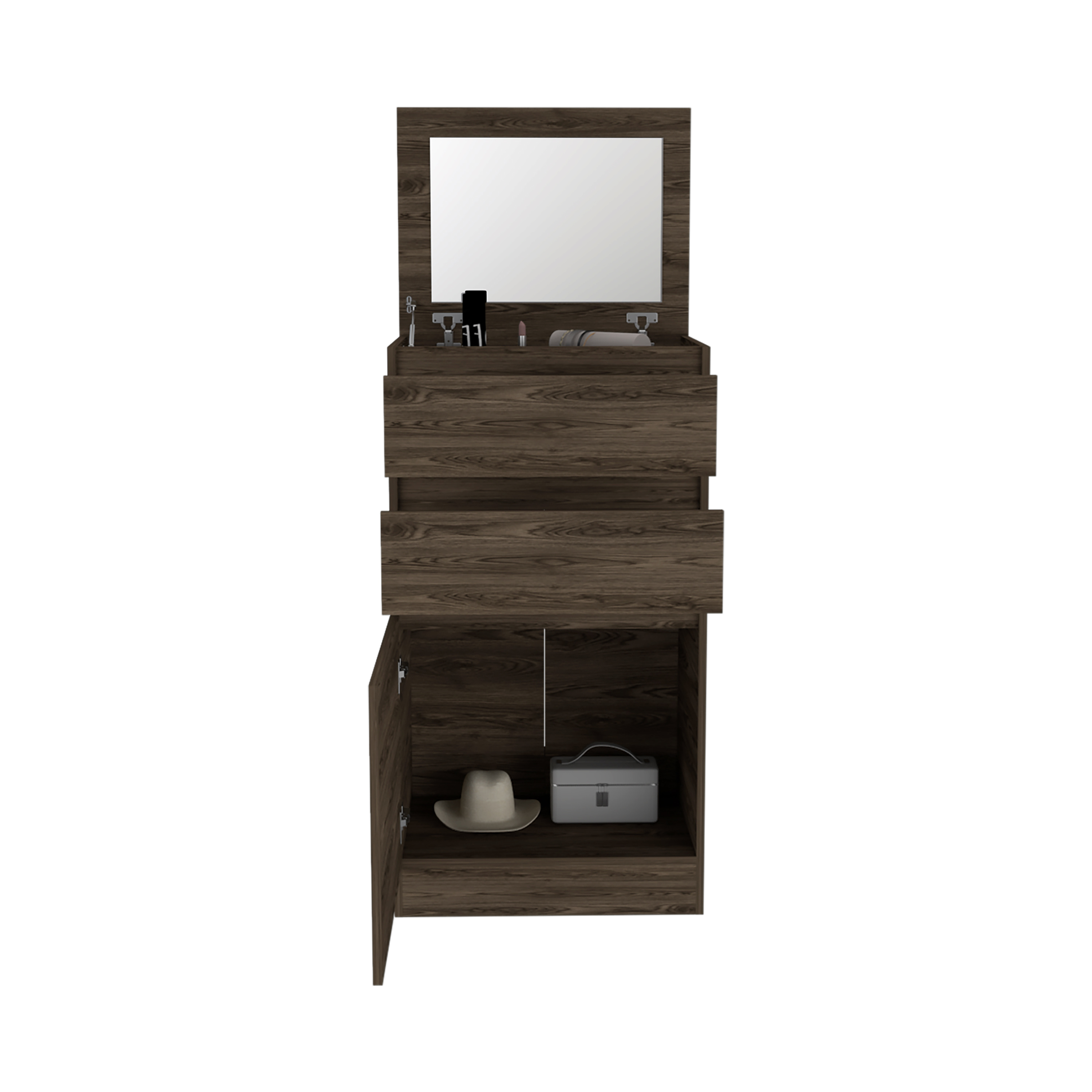 DEPOT E-SHOP Diamond Dresser, Jewelry Box, Mirror, Single Door Cabinet, Two Drawers, Dark Walnut