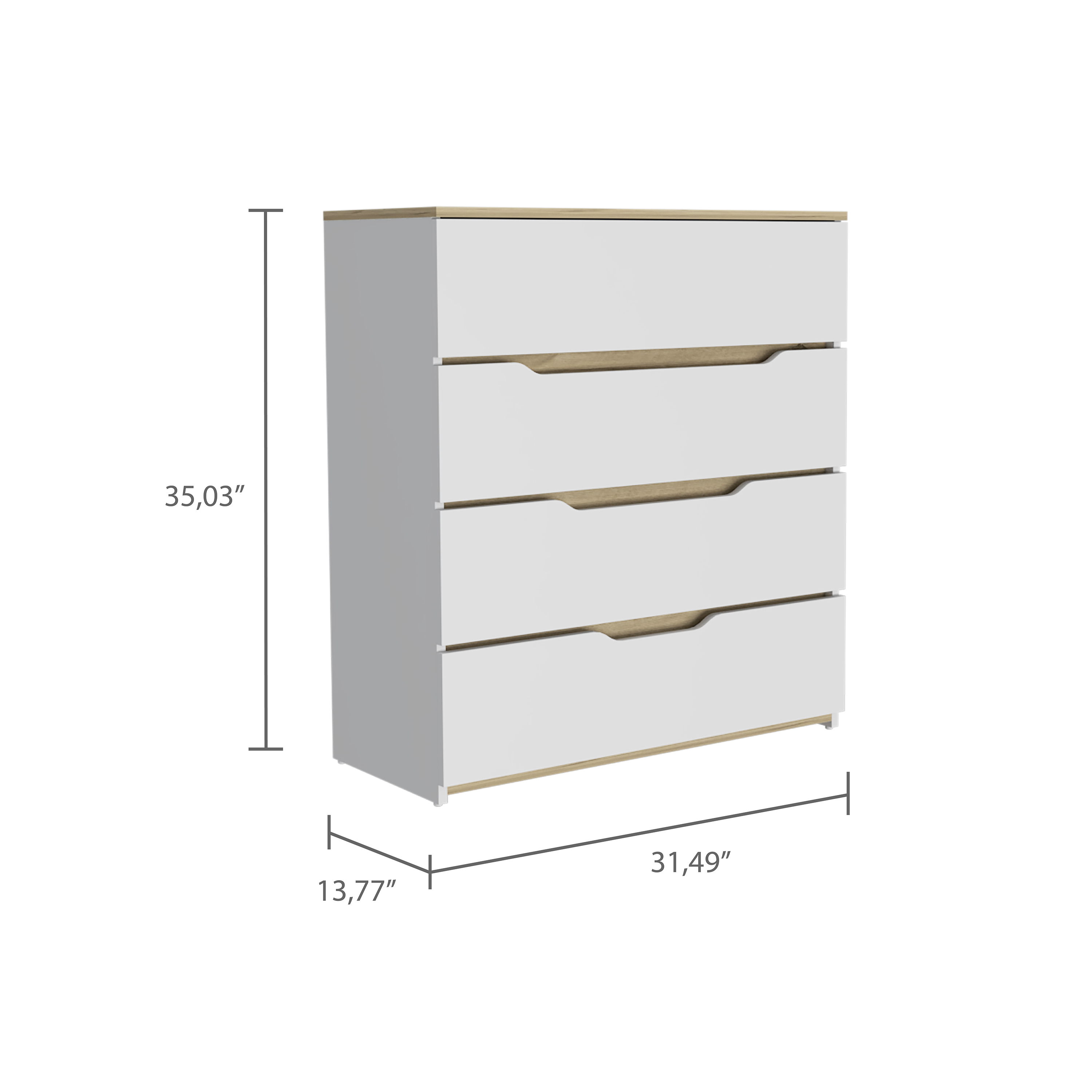 Drawer Dresser 35"H, Four Drawers, Superior Top, White / Light Oak