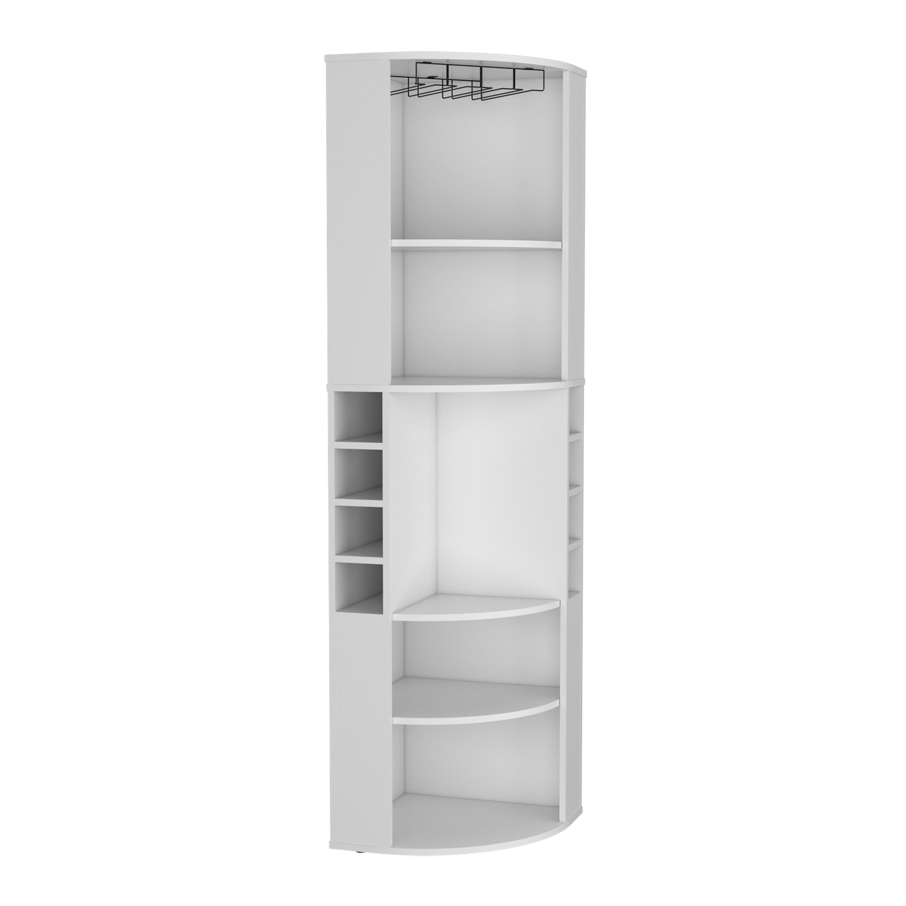 71" Corner Bar Cabinet with Five Shelves, Eight Bottle Cubbies and Stemware,White