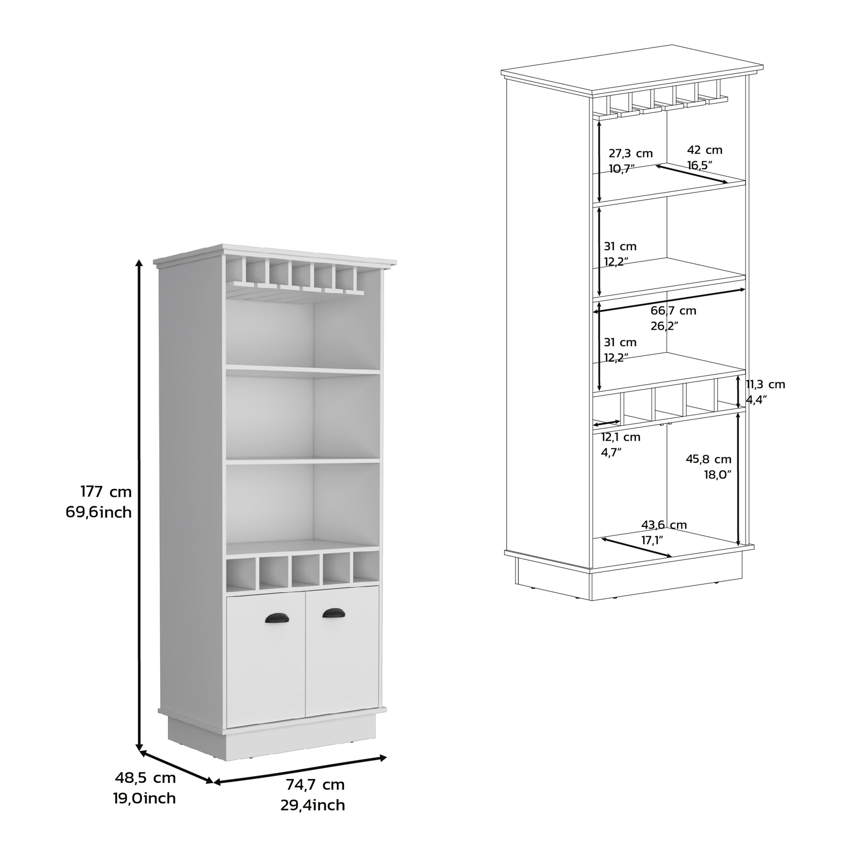 70"H Bar Cabinet with Wine Rack, Upper Glass Cabinet, three Open Storage Shelves and One Cabinet,White