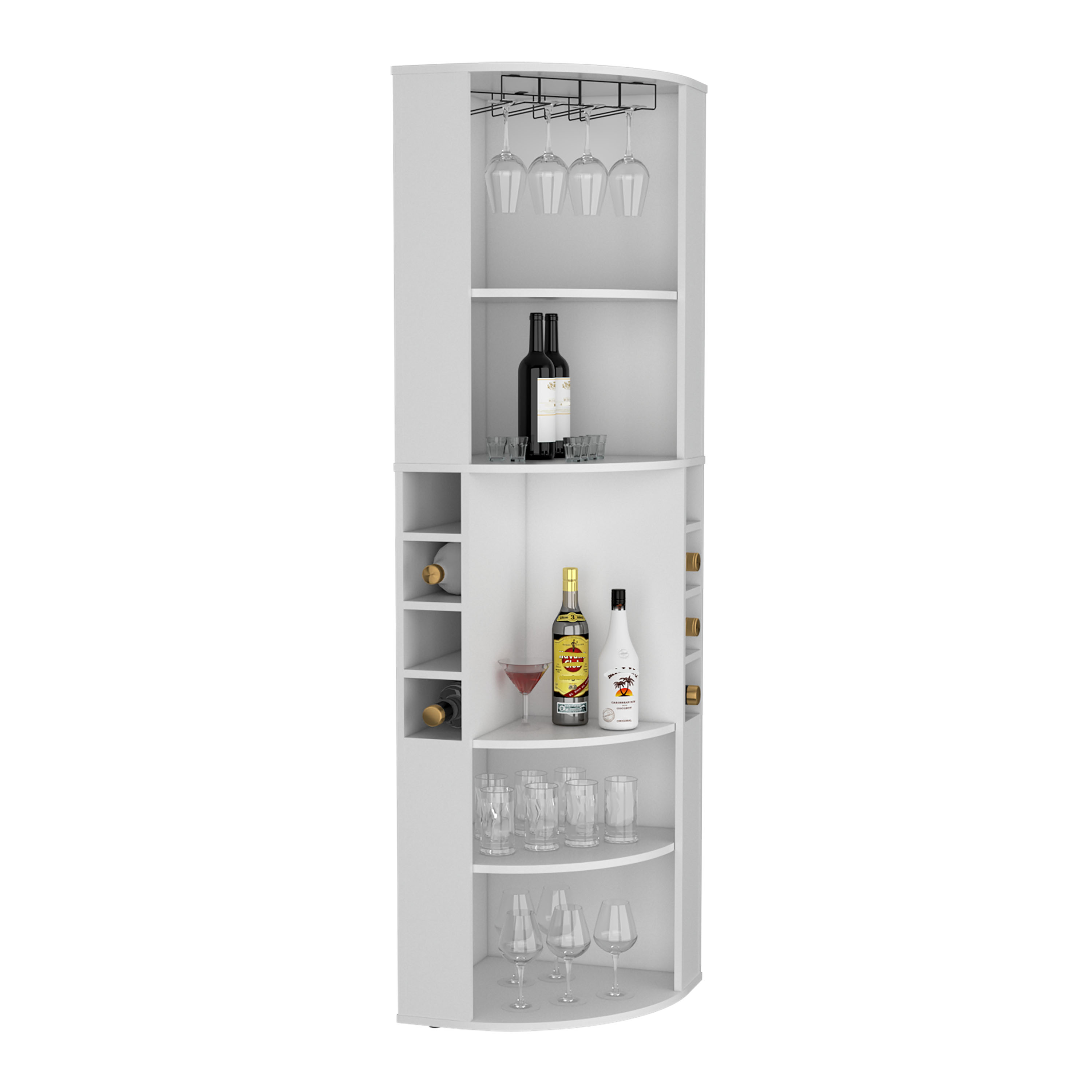 71" Corner Bar Cabinet with Five Shelves, Eight Bottle Cubbies and Stemware,White