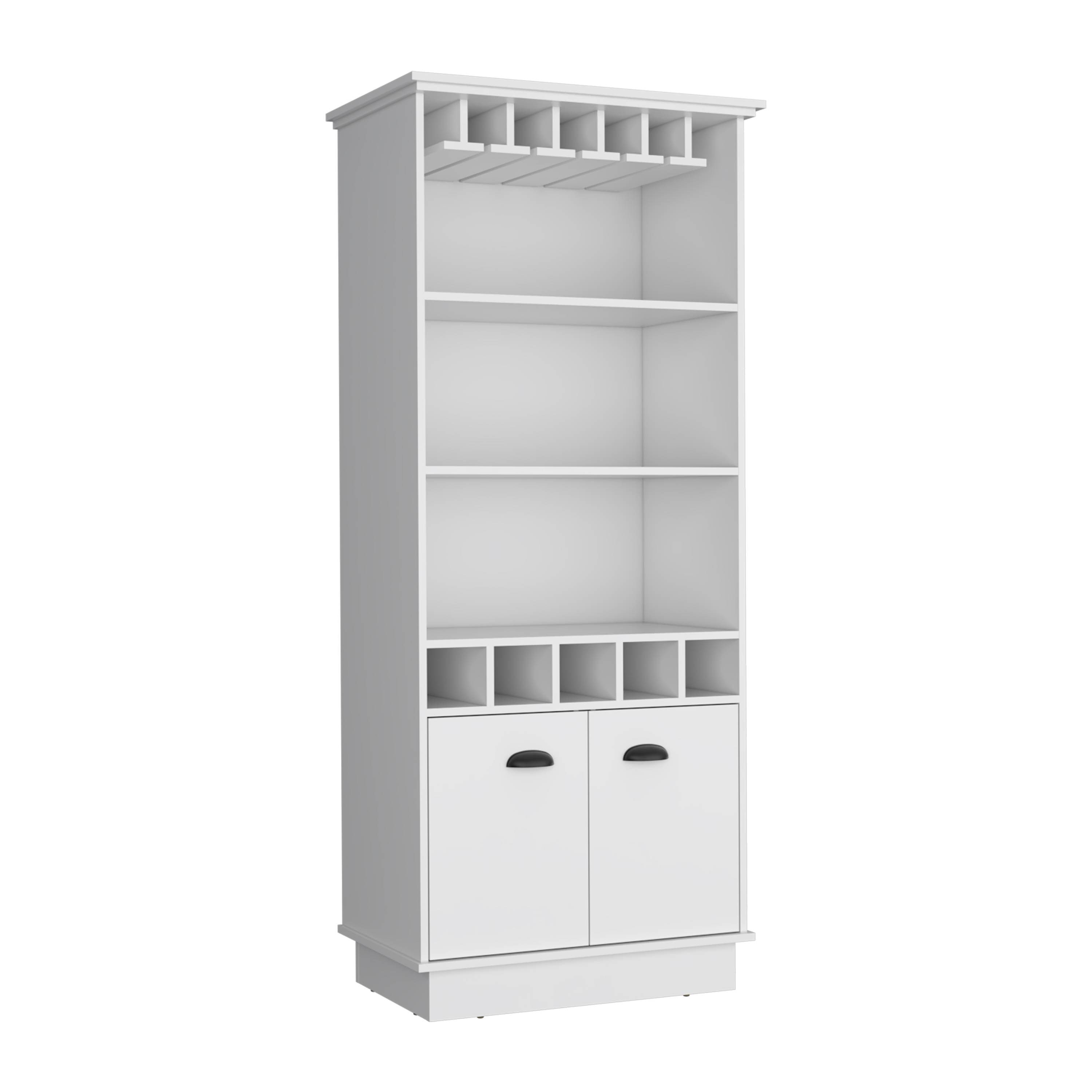 70"H Bar Cabinet with Wine Rack, Upper Glass Cabinet, three Open Storage Shelves and One Cabinet,White