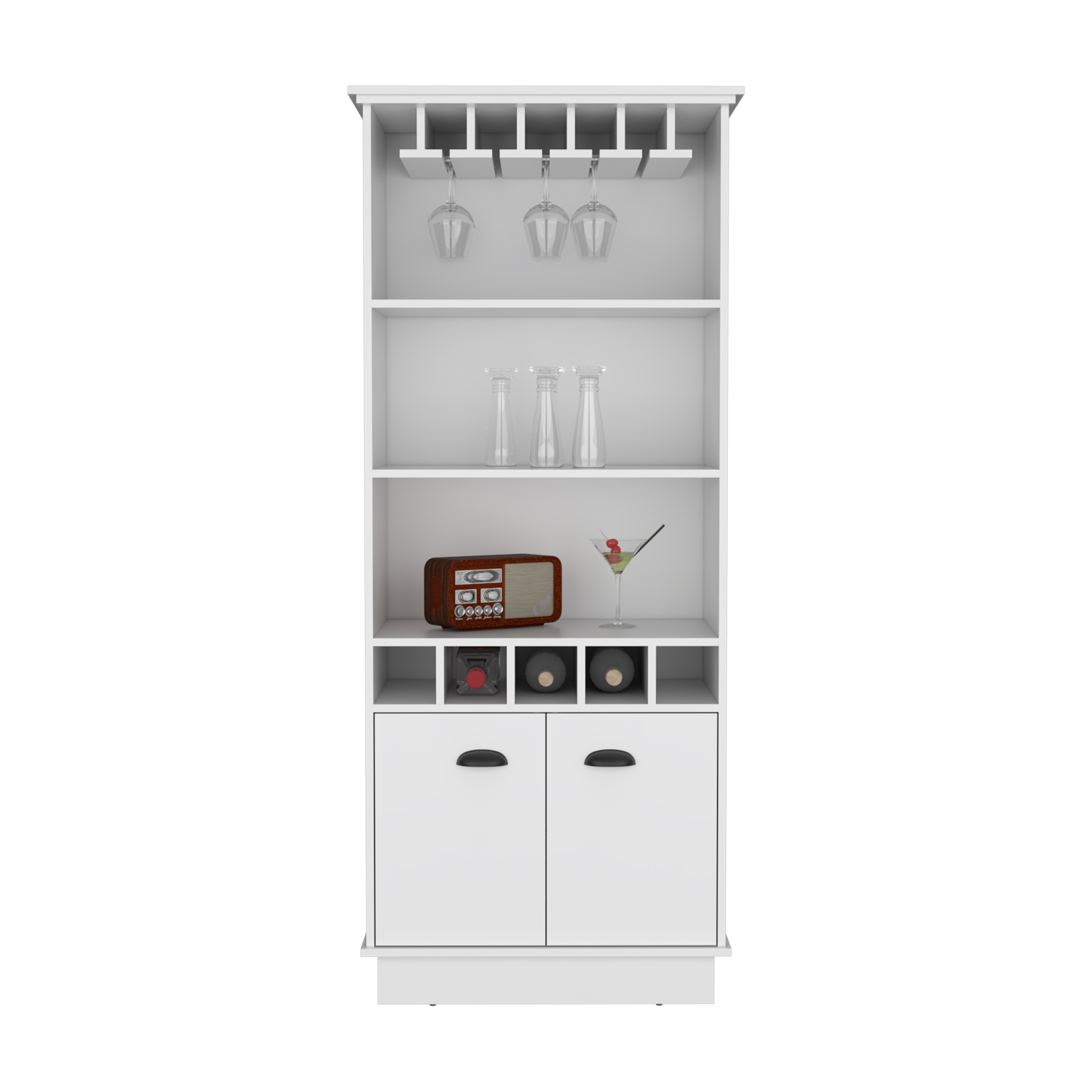 70"H Bar Cabinet with Wine Rack, Upper Glass Cabinet, three Open Storage Shelves and One Cabinet,White