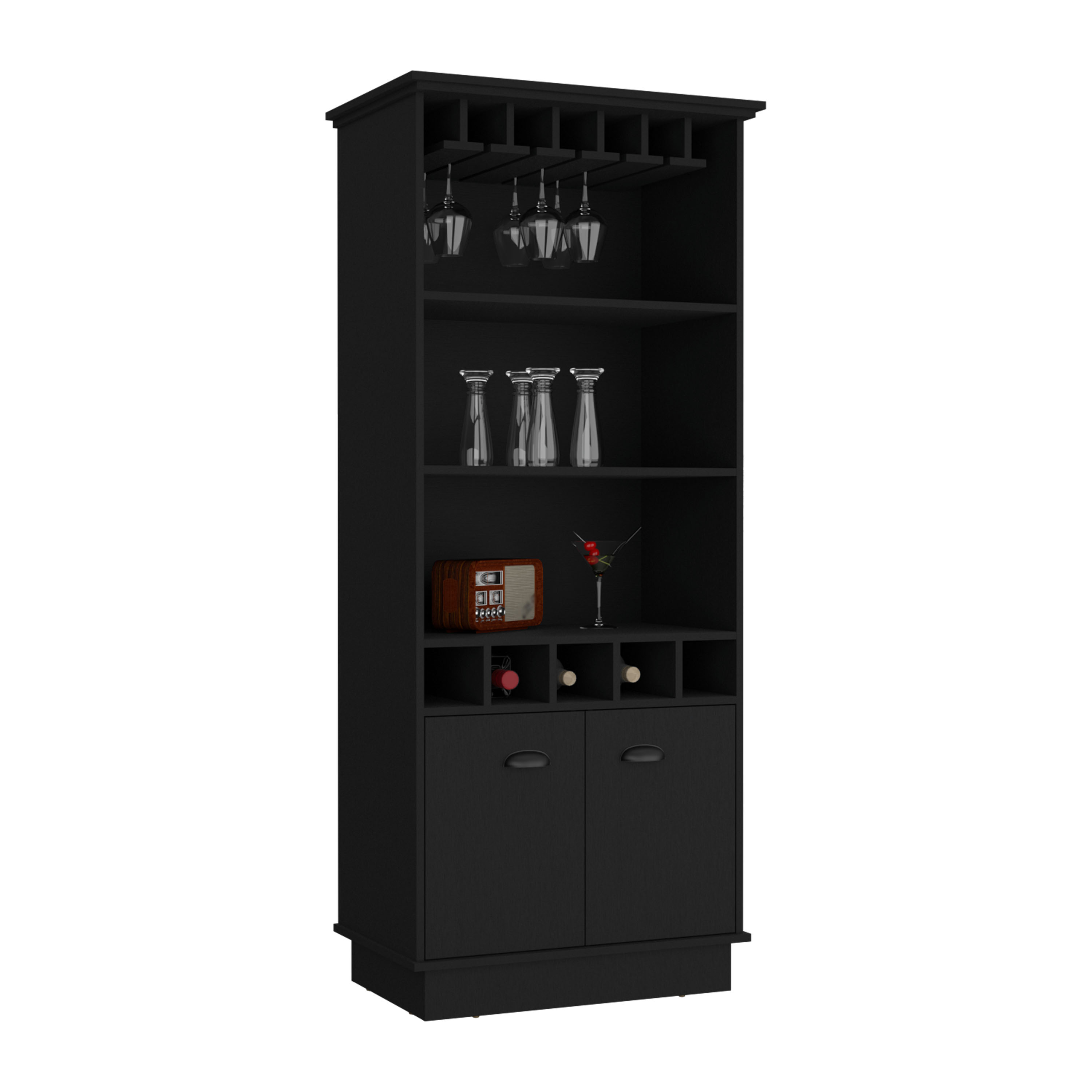 70"H Bar Cabinet with Wine Rack, Upper Glass Cabinet, three Open Storage Shelves and One Cabinet,Black