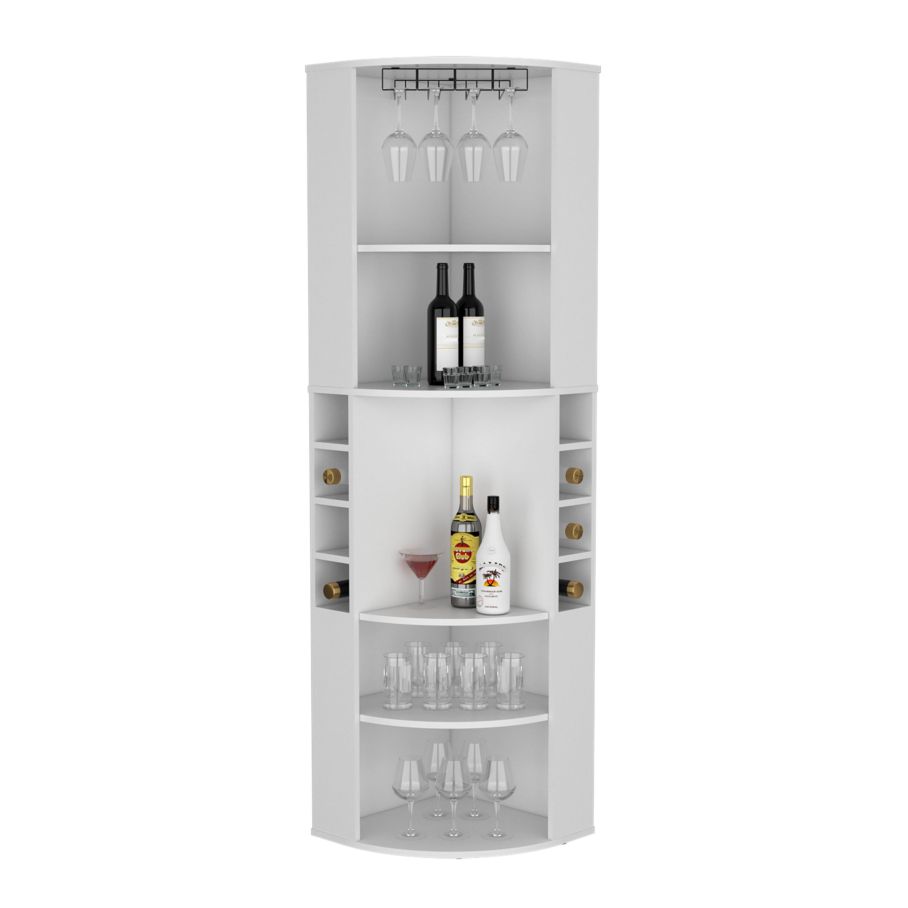 71" Corner Bar Cabinet with Five Shelves, Eight Bottle Cubbies and Stemware,White