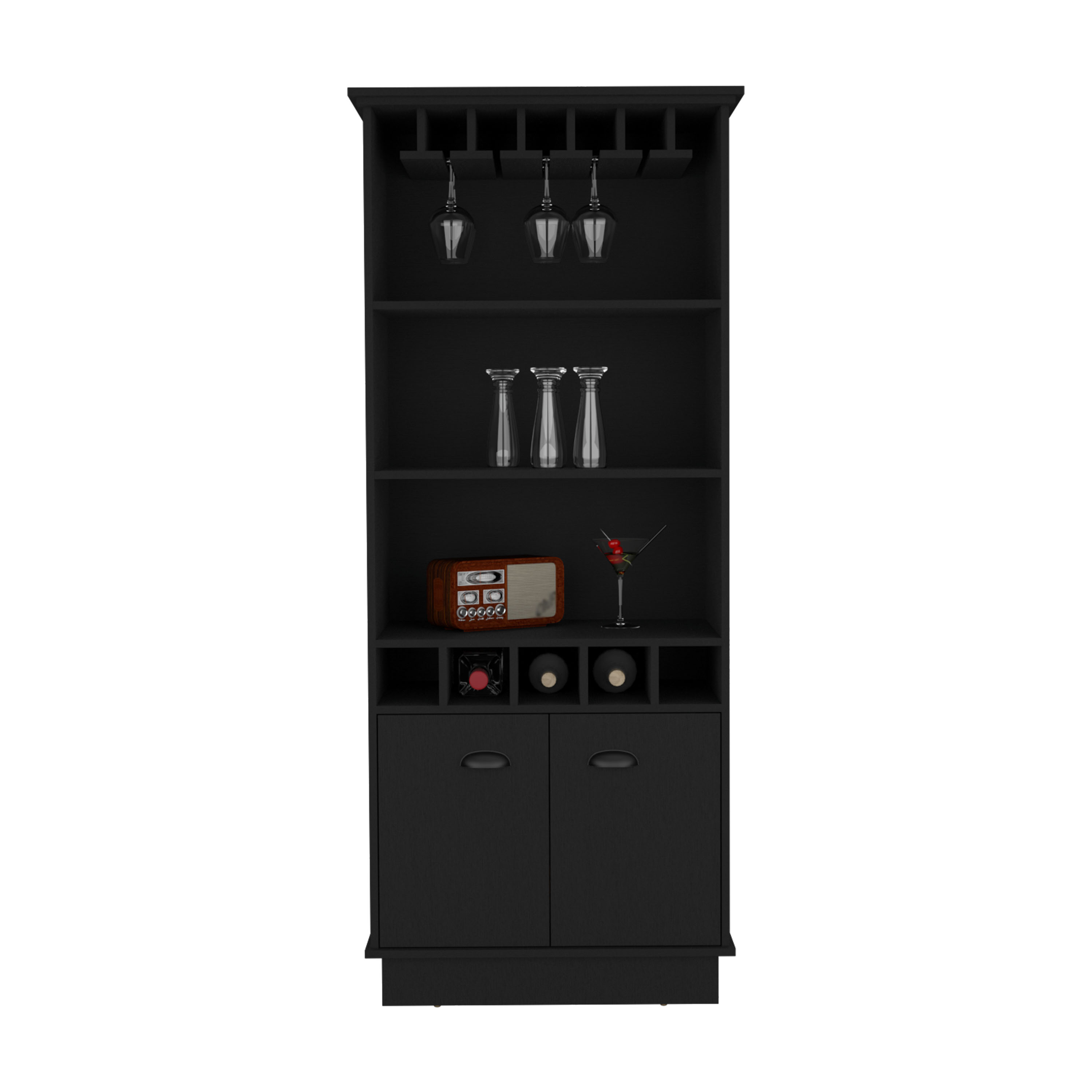 70"H Bar Cabinet with Wine Rack, Upper Glass Cabinet, three Open Storage Shelves and One Cabinet,Black