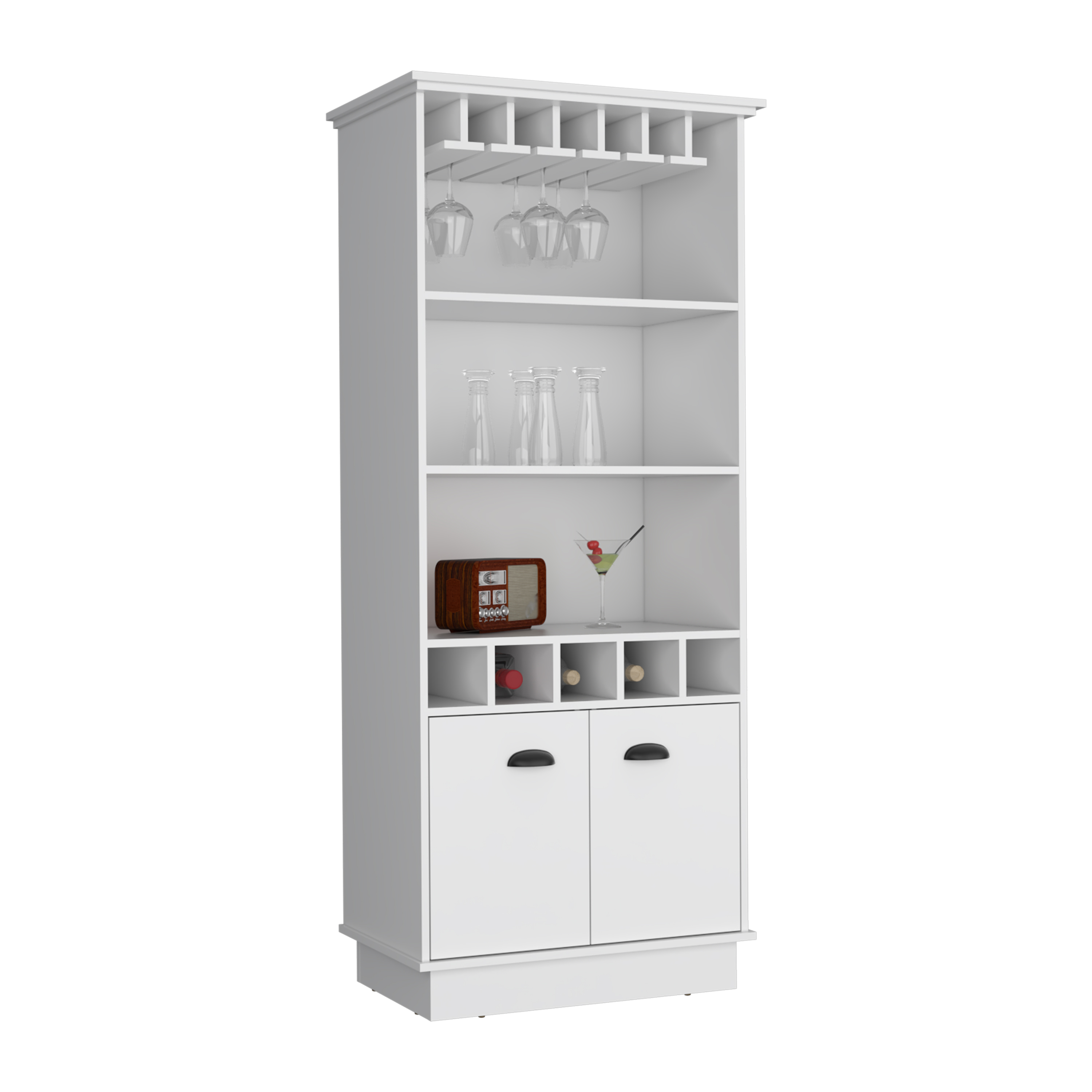 70"H Bar Cabinet with Wine Rack, Upper Glass Cabinet, three Open Storage Shelves and One Cabinet,White