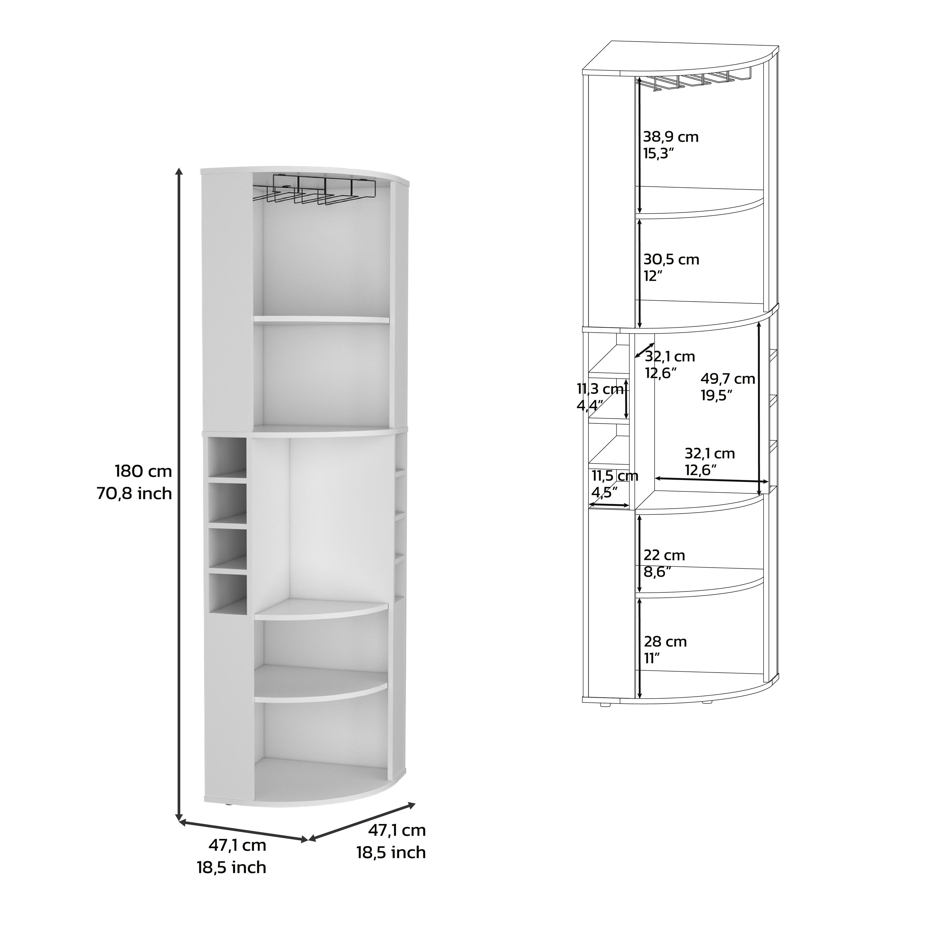 71" Corner Bar Cabinet with Five Shelves, Eight Bottle Cubbies and Stemware,White