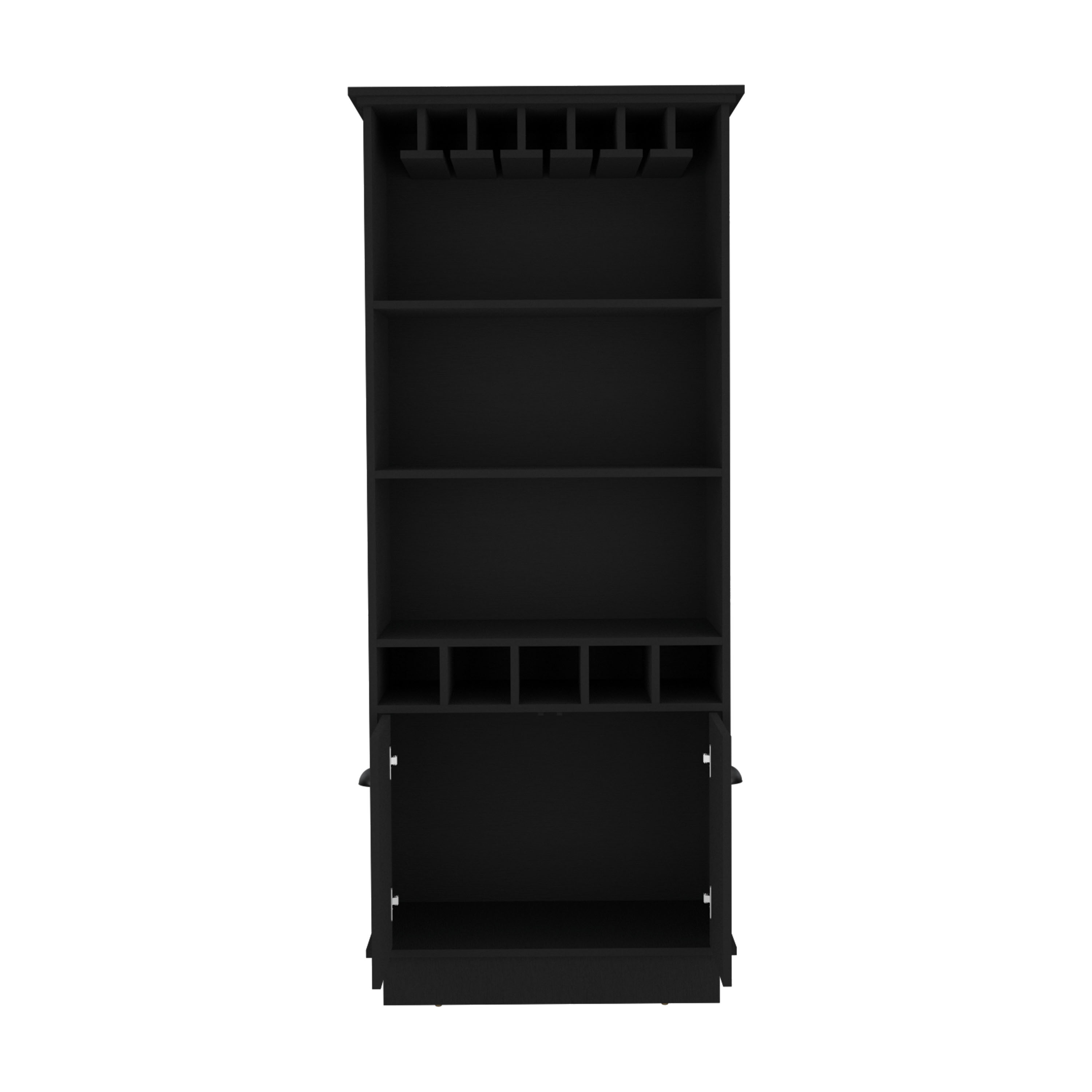 70"H Bar Cabinet with Wine Rack, Upper Glass Cabinet, three Open Storage Shelves and One Cabinet,Black