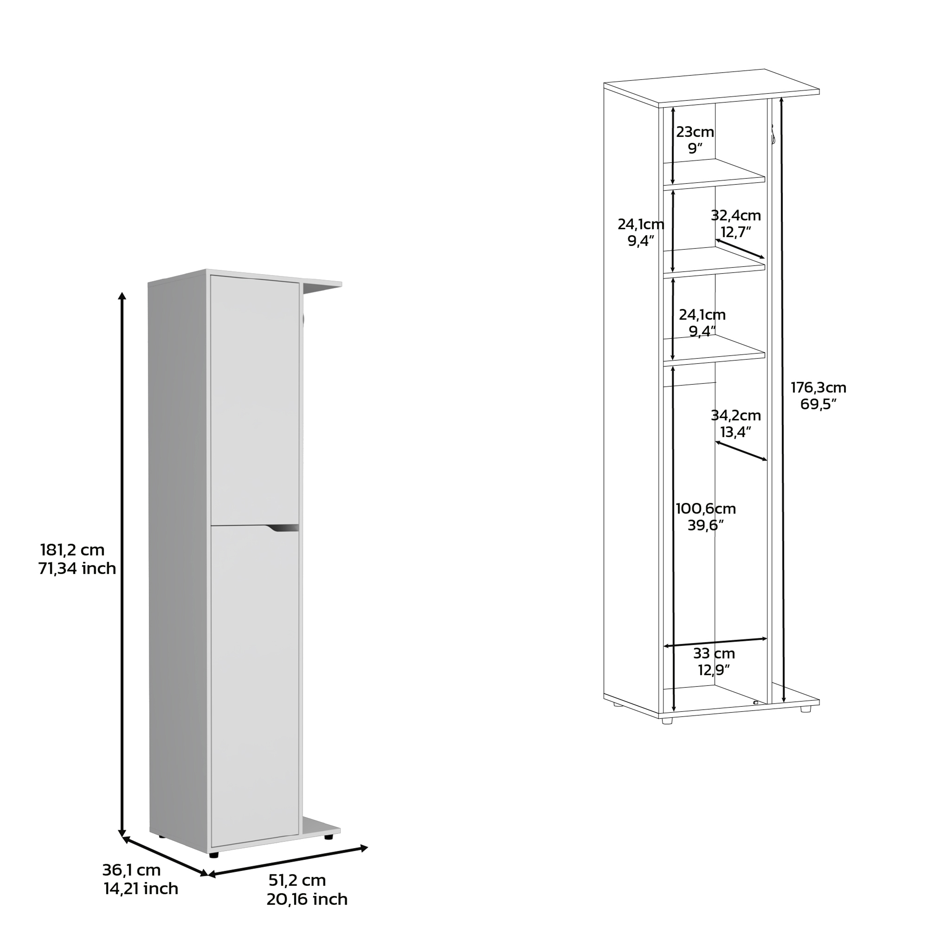 71.3" H Broom Storage Closet with One Door, Four Shelves and Broom and Mop Holder,White