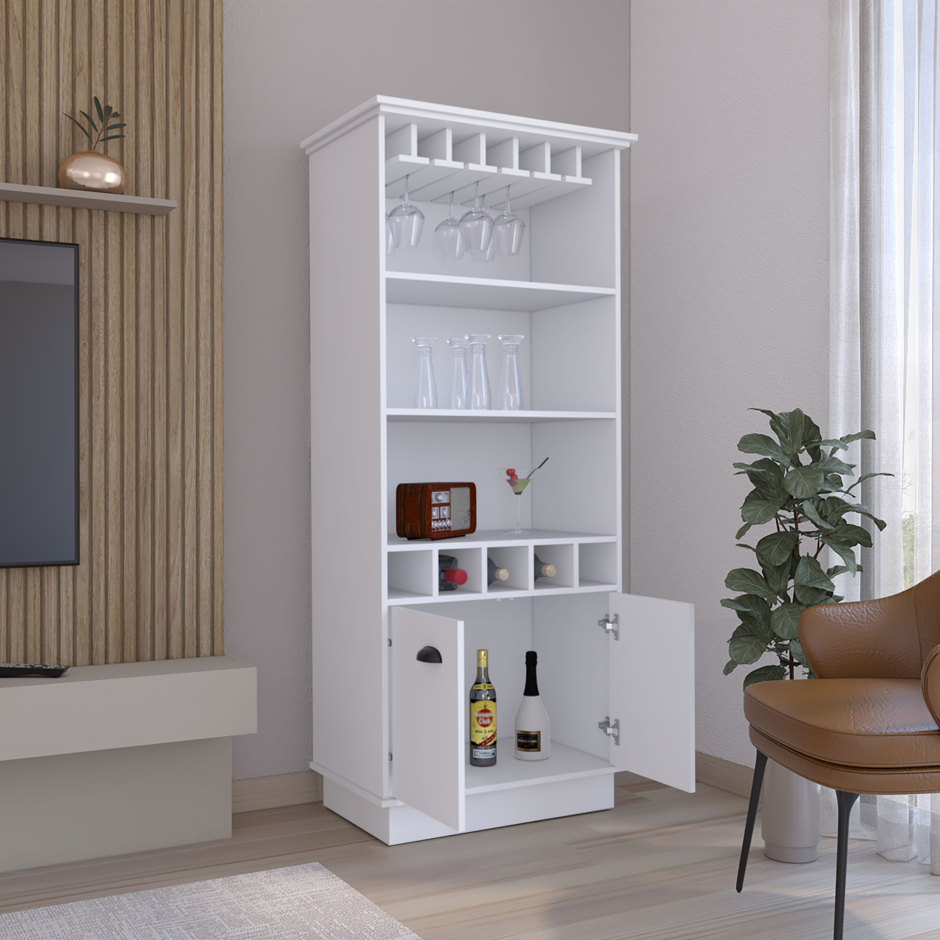 70"H Bar Cabinet with Wine Rack, Upper Glass Cabinet, three Open Storage Shelves and One Cabinet,White