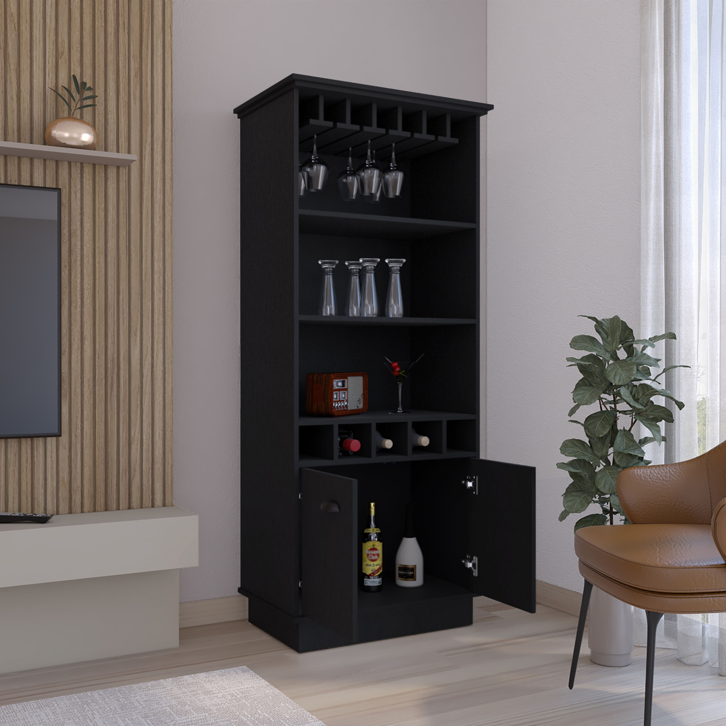 70"H Bar Cabinet with Wine Rack, Upper Glass Cabinet, three Open Storage Shelves and One Cabinet,Black