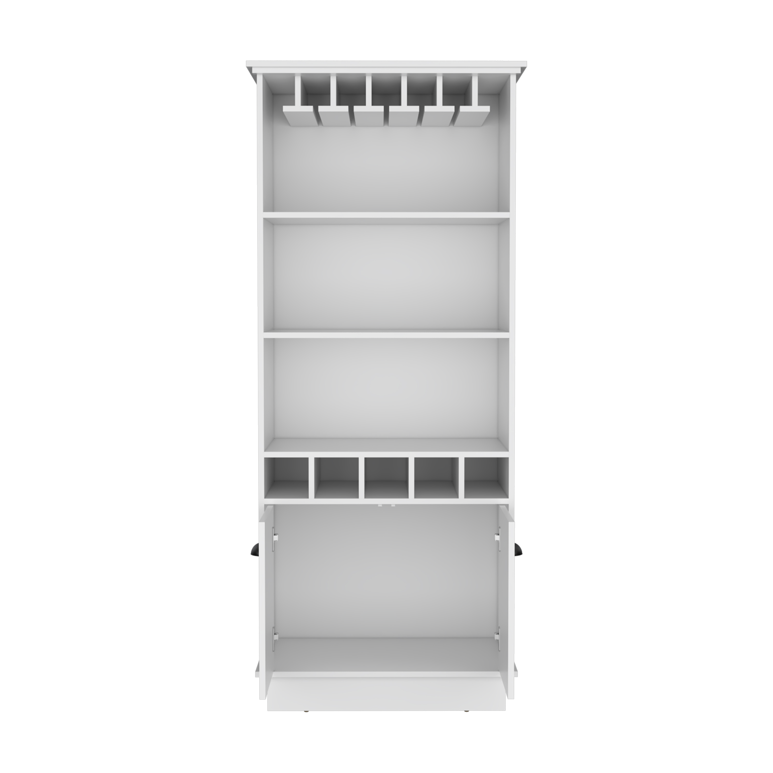 70"H Bar Cabinet with Wine Rack, Upper Glass Cabinet, three Open Storage Shelves and One Cabinet,White