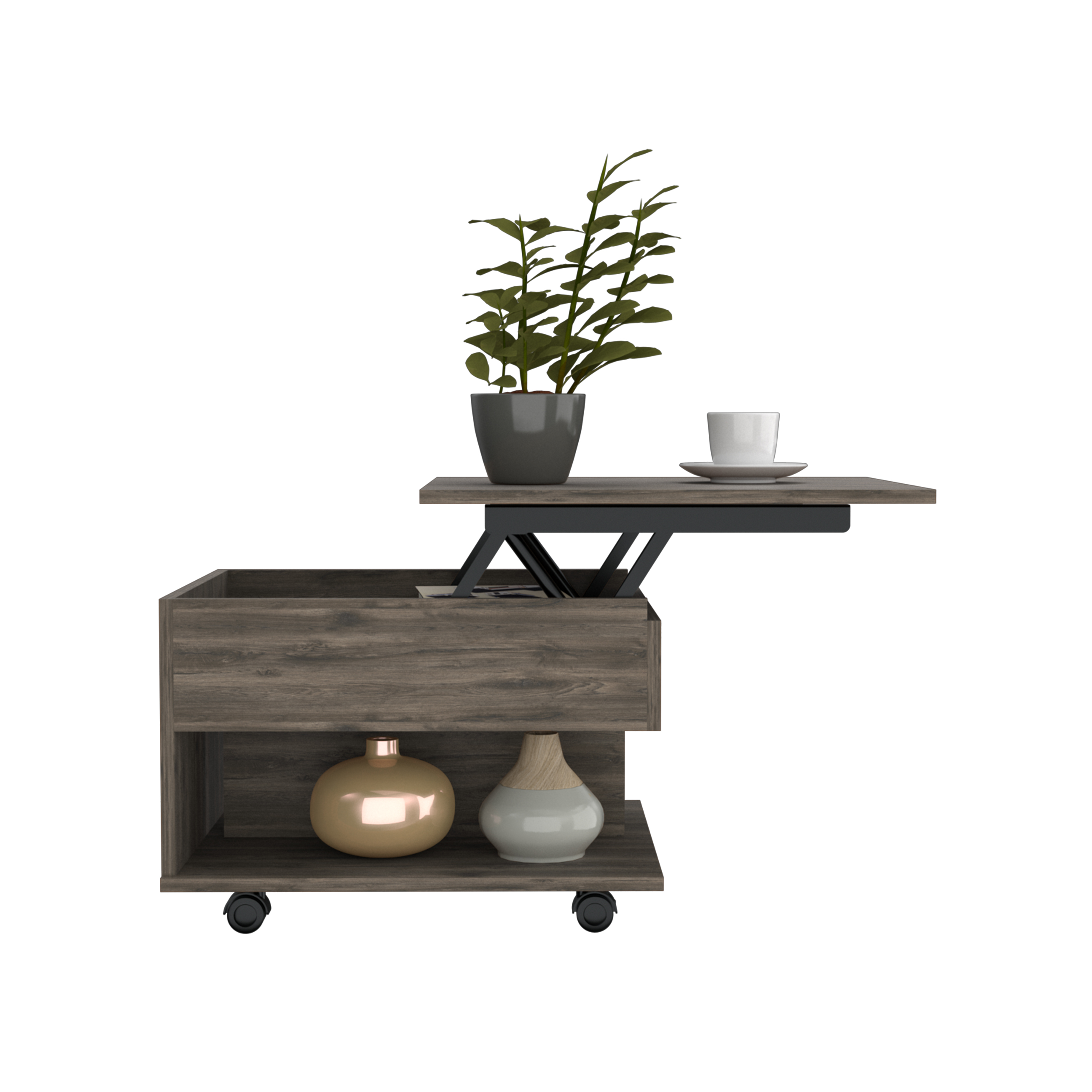 15" H dark brown oak coffee table, 4 brake wheels, lifting top that allows storage inside the table, 1 lower shelf and 1 vertical division that allows you to decorate with photos, and design books