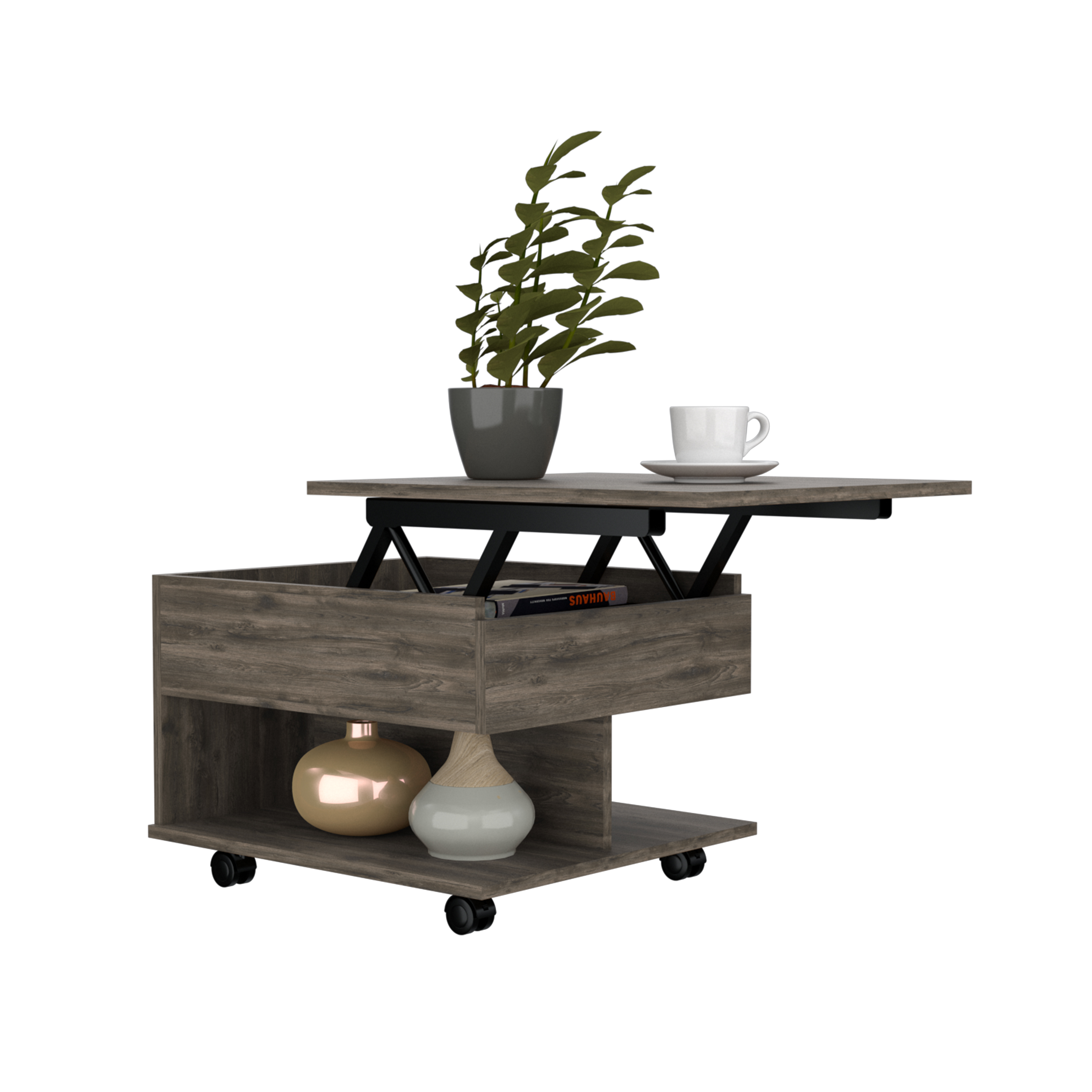 15" H dark brown oak coffee table, 4 brake wheels, lifting top that allows storage inside the table, 1 lower shelf and 1 vertical division that allows you to decorate with photos, and design books