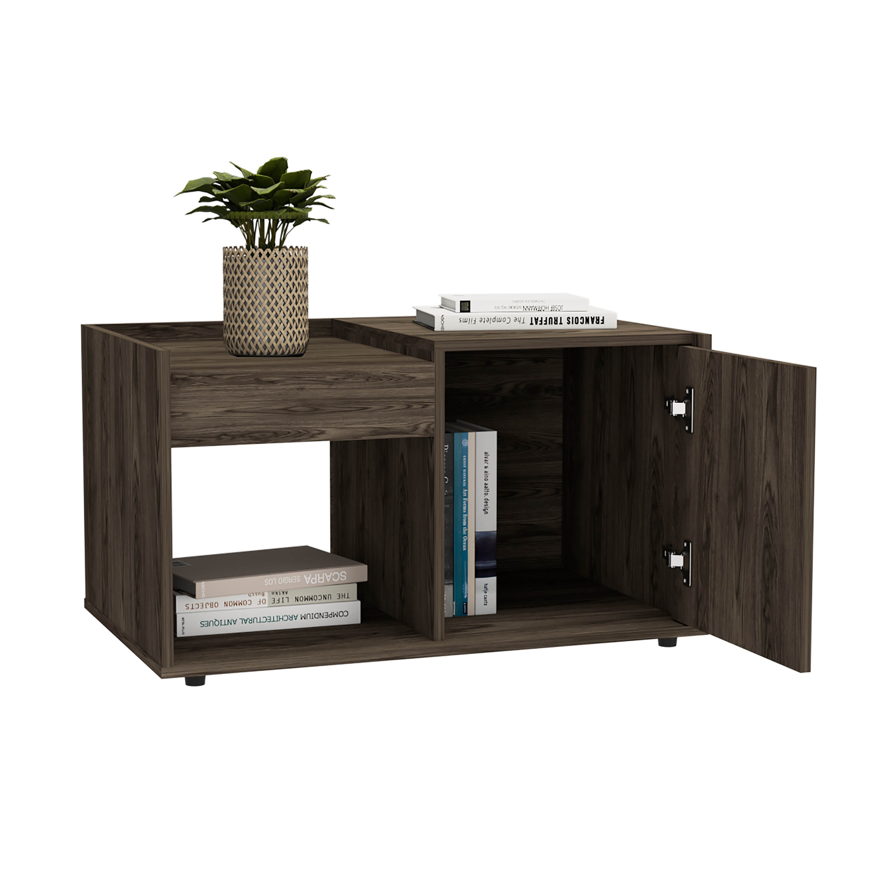 Ambar Coffee Table, One Open Shelf, Single Door Cabinet, Dark Walnut